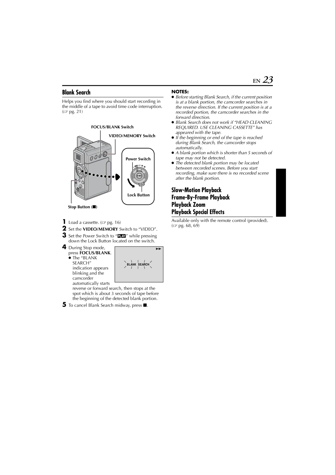 JVC GR-DVP7 instruction manual During Stop mode, Press FOCUS/BLANK, To cancel Blank Search midway, press 