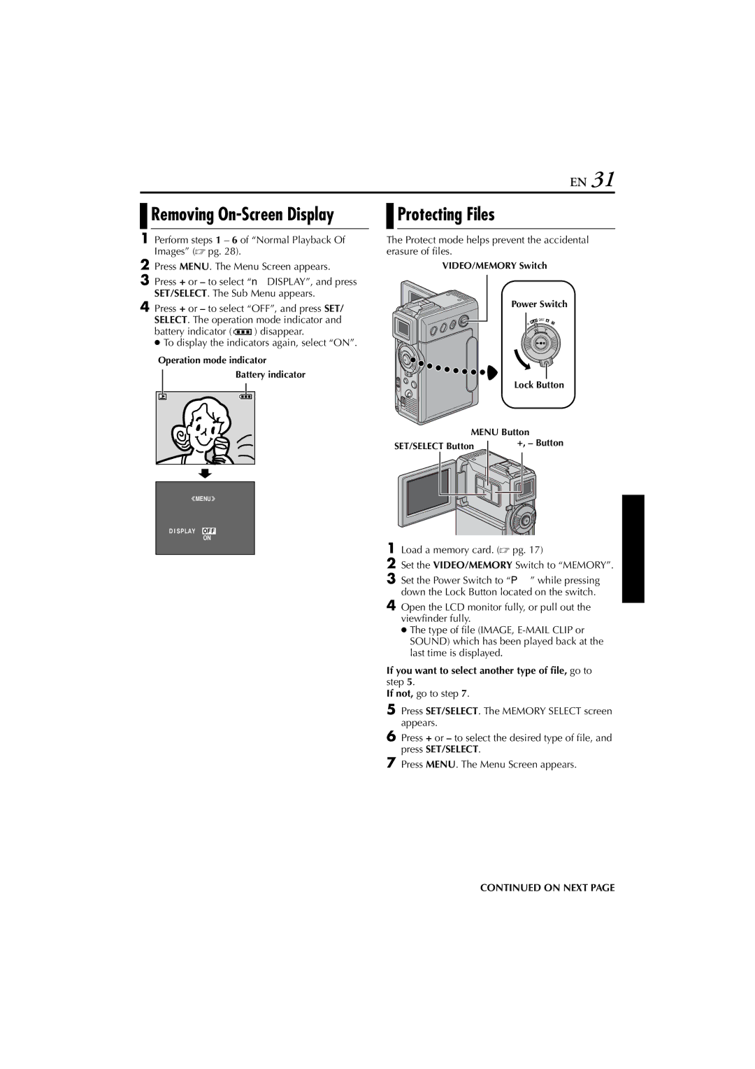 JVC GR-DVP7 instruction manual Protecting Files, Protect mode helps prevent the accidental erasure of files, On Next 