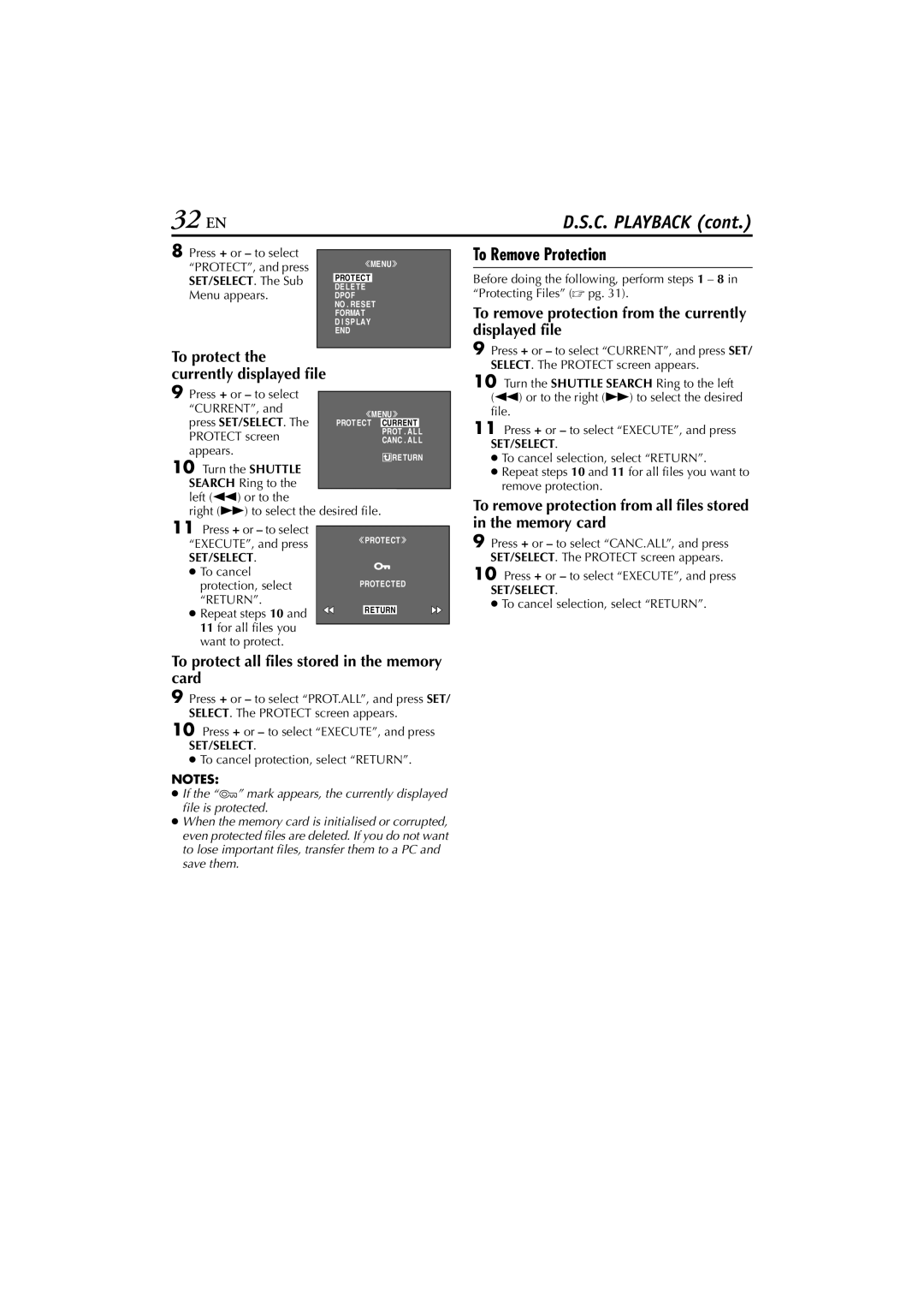 JVC GR-DVP7 32 EN, To Remove Protection, To remove protection from the currently displayed file, Set/Select 