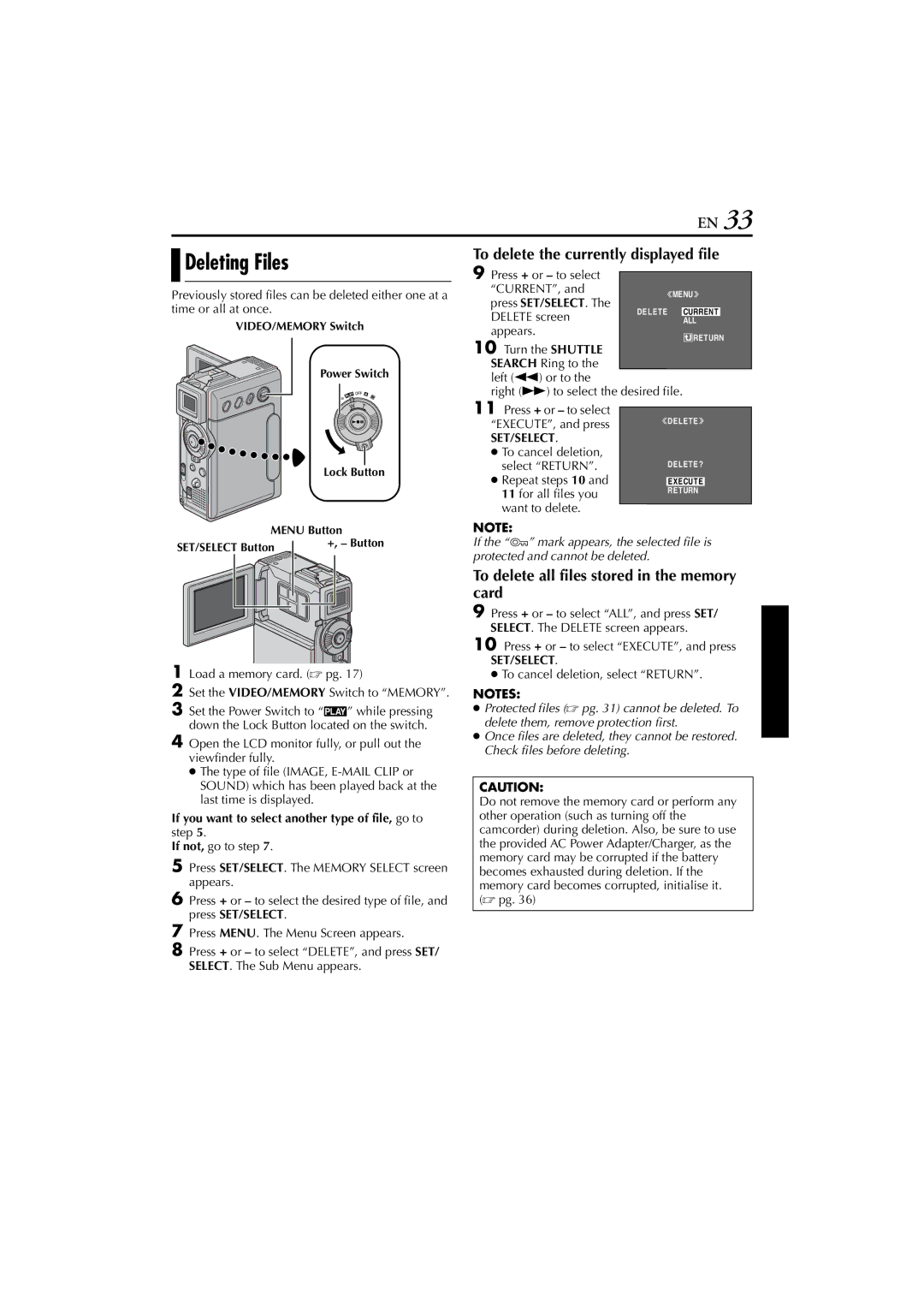 JVC GR-DVP7 Deleting Files, To delete the currently displayed file, To delete all files stored in the memory card 