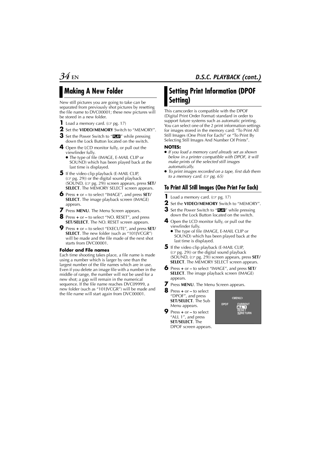 JVC GR-DVP7 instruction manual 34 EN, Making a New Folder, Folder and File names 