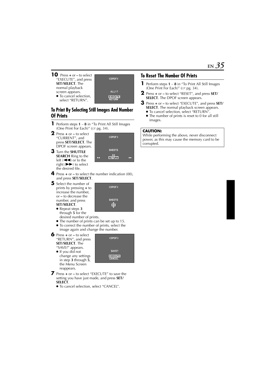 JVC GR-DVP7 To Print By Selecting Still Images And Number Of Prints, To Reset The Number Of Prints, Set/Select 