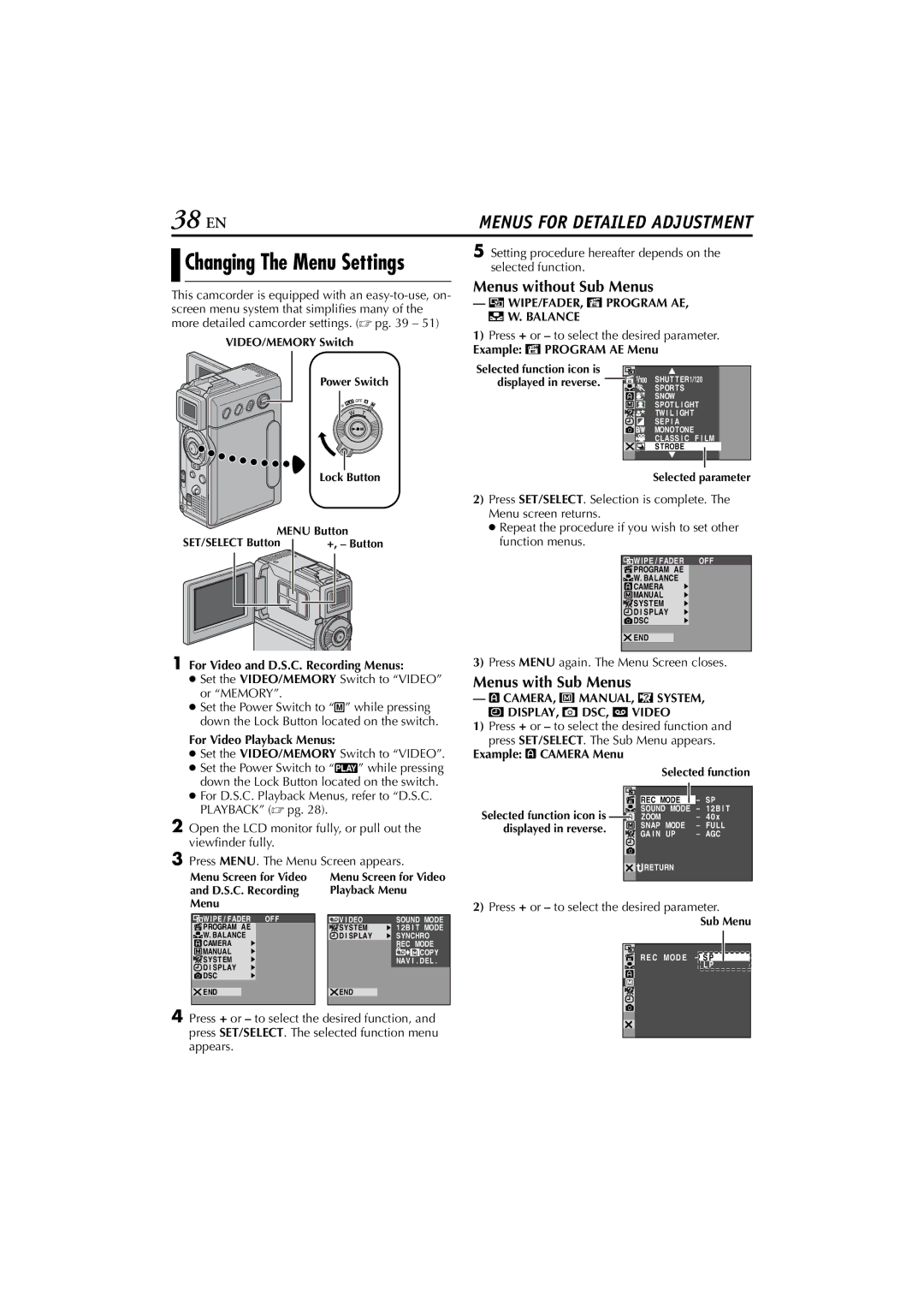 JVC GR-DVP7 instruction manual 38 EN, Menus without Sub Menus, Menus with Sub Menus 