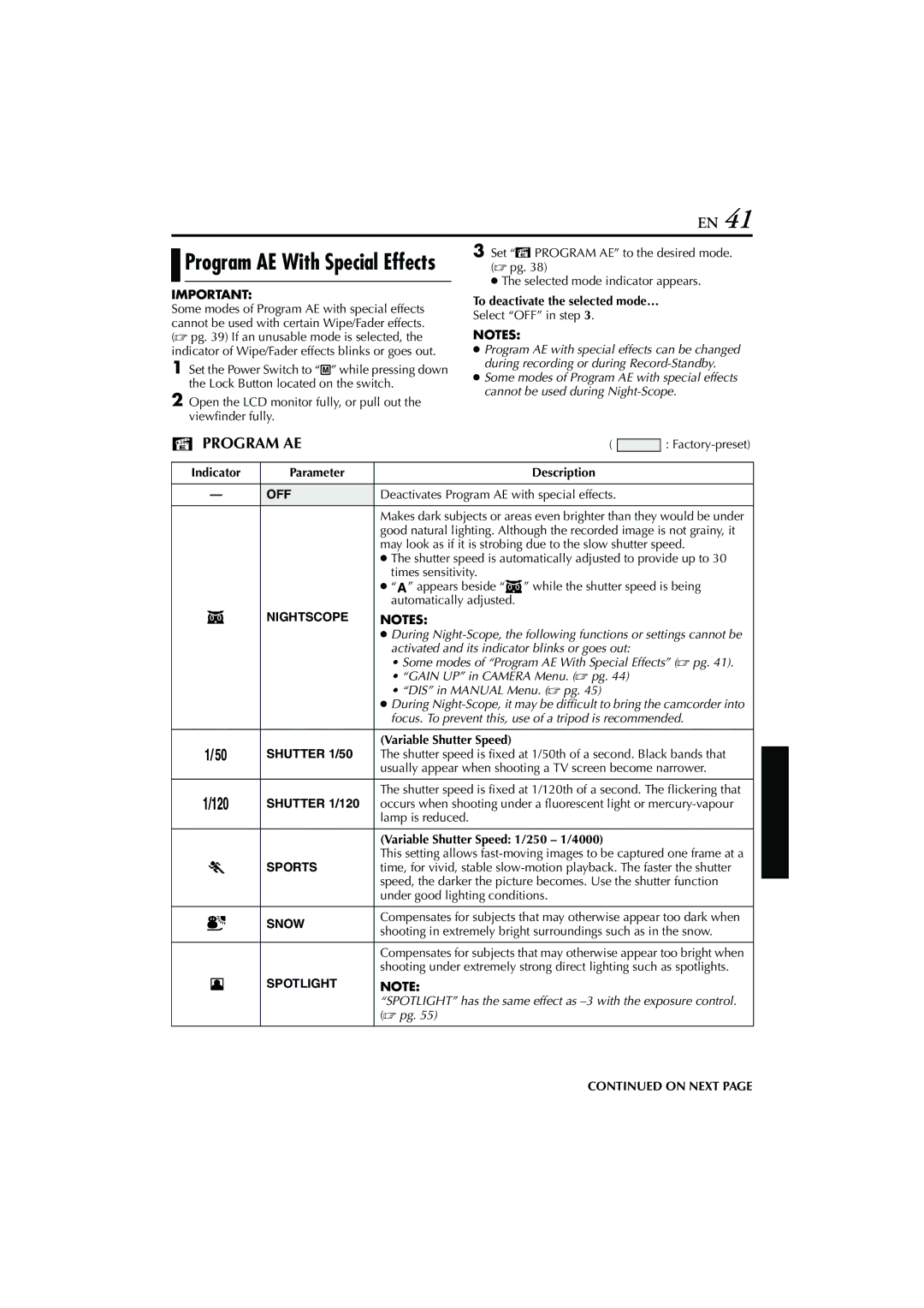 JVC GR-DVP7 instruction manual Shutter 1/50, Shutter 1/120, Sports, Snow, Spotlight 