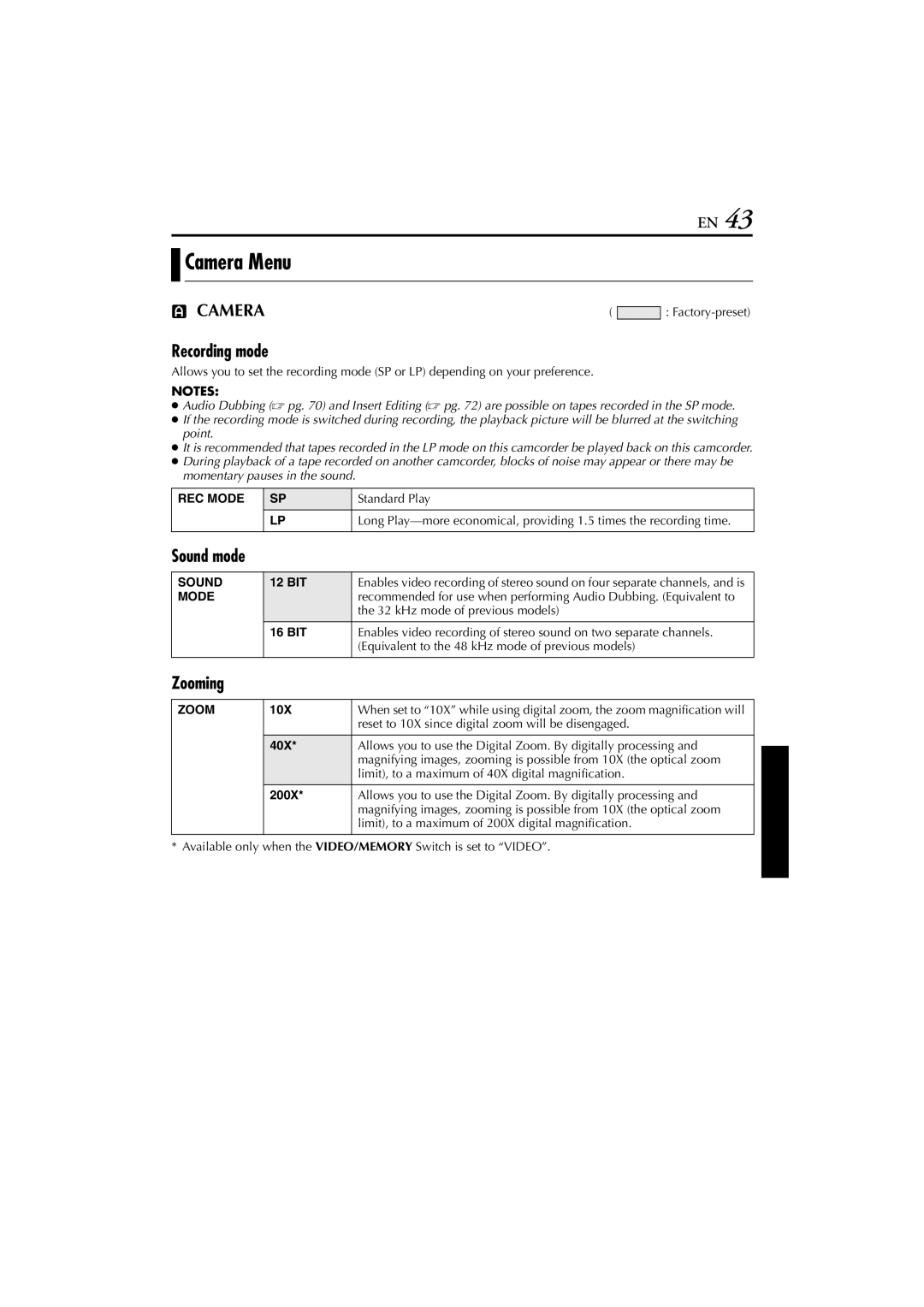 JVC GR-DVP7 instruction manual Camera Menu, Recording mode, Sound mode 