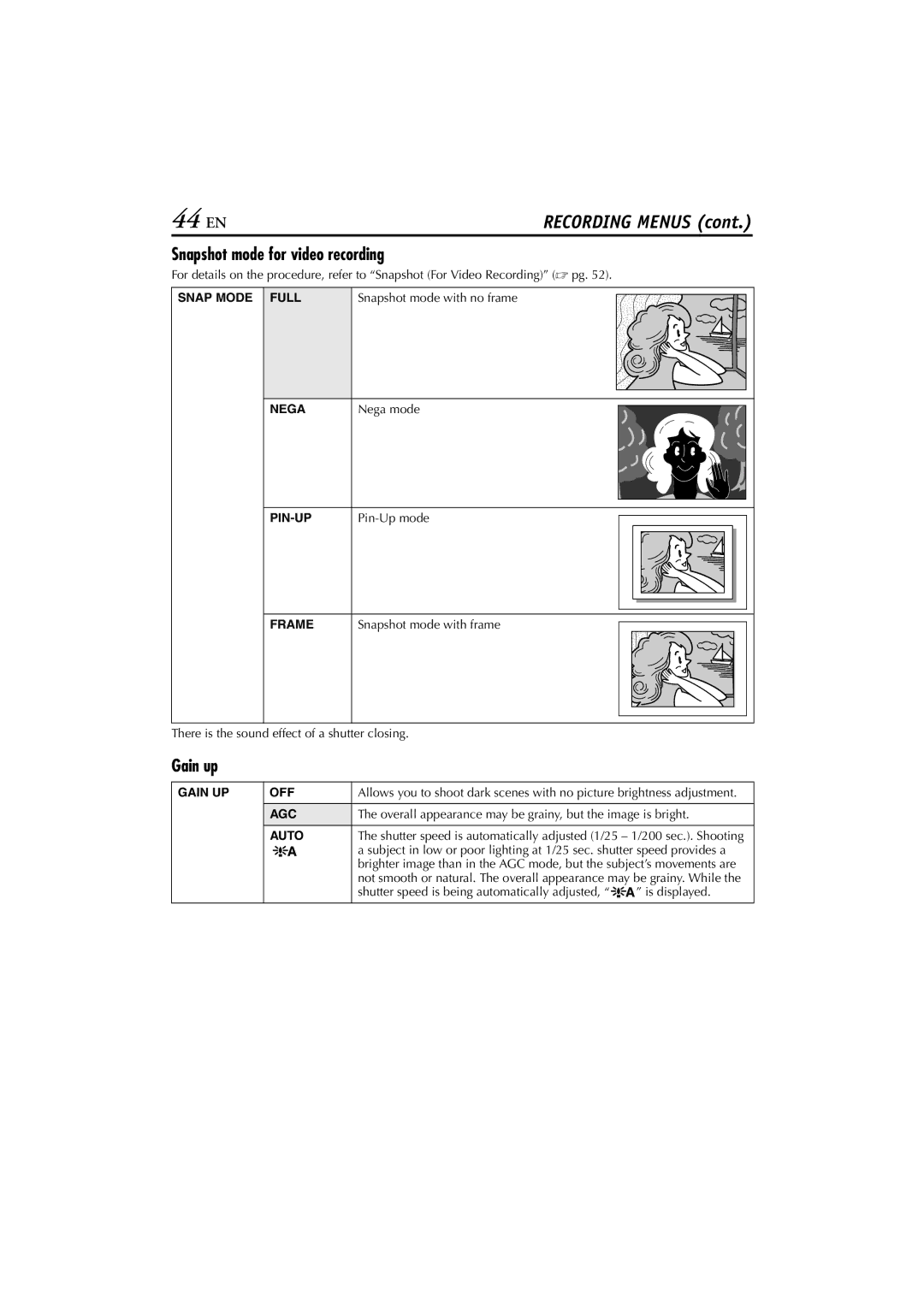 JVC GR-DVP7 instruction manual 44 EN, Snapshot mode for video recording, Gain up 