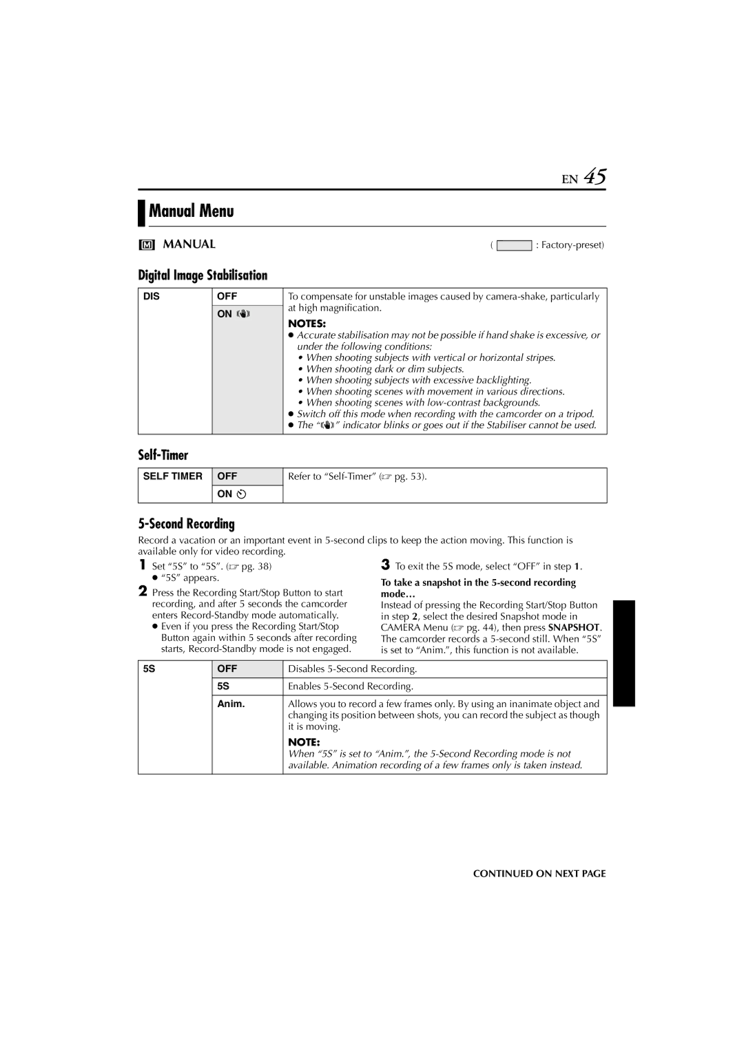 JVC GR-DVP7 instruction manual Manual Menu, Digital Image Stabilisation, Self-Timer, Second Recording 