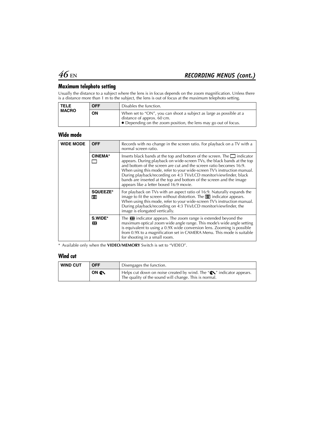 JVC GR-DVP7 instruction manual 46 EN, Maximum telephoto setting, Wide mode, Wind cut 