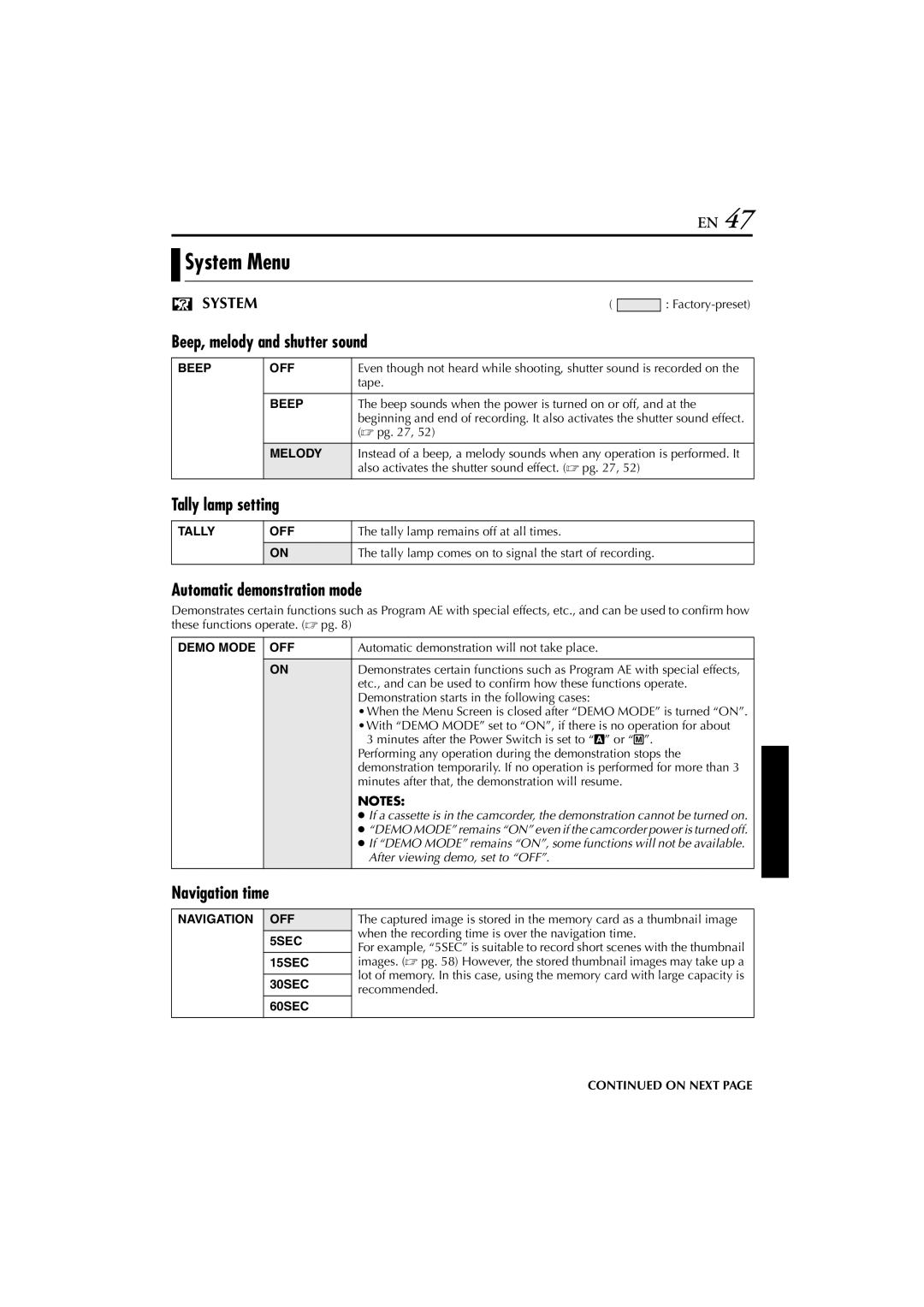 JVC GR-DVP7 System Menu, Beep, melody and shutter sound, Tally lamp setting, Automatic demonstration mode, Navigation time 