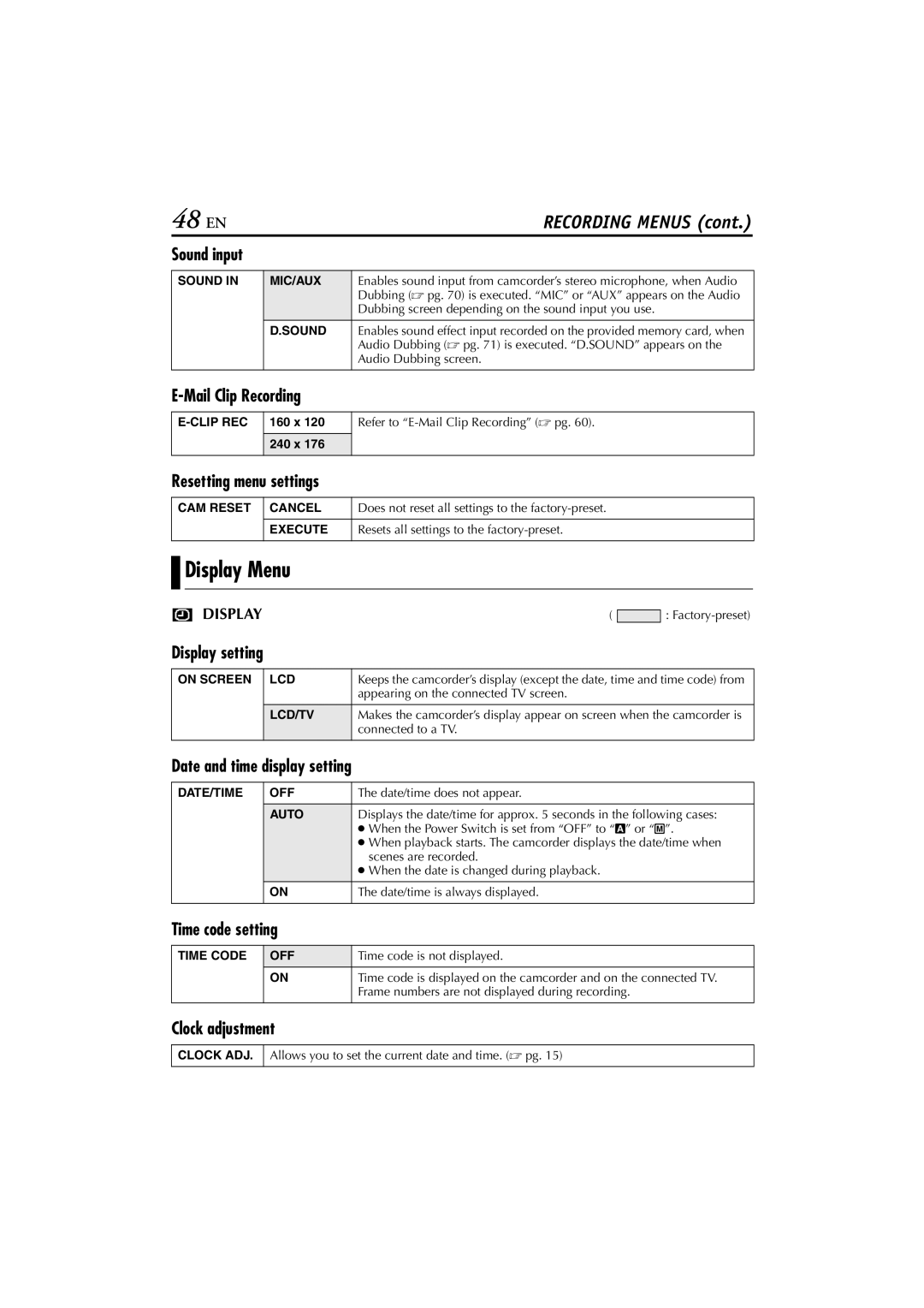 JVC GR-DVP7 instruction manual 48 EN, Display Menu 