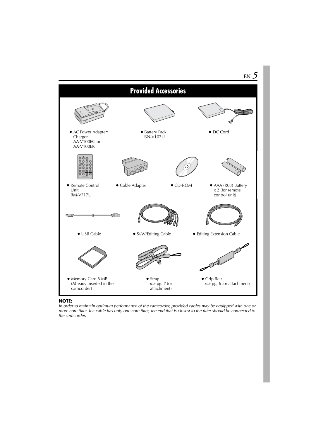 JVC GR-DVP7 instruction manual Memory Card 8 MB Strap Grip Belt Already inserted  pg for, Camcorder Attachment 