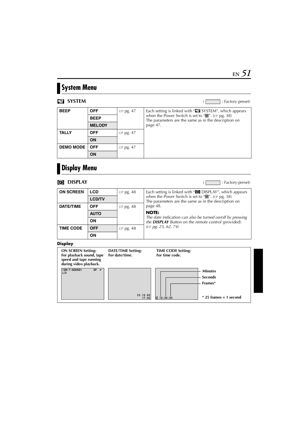 JVC GR-DVP7 instruction manual Parameters are the same as in the description on, Melody Tally OFF, Display 