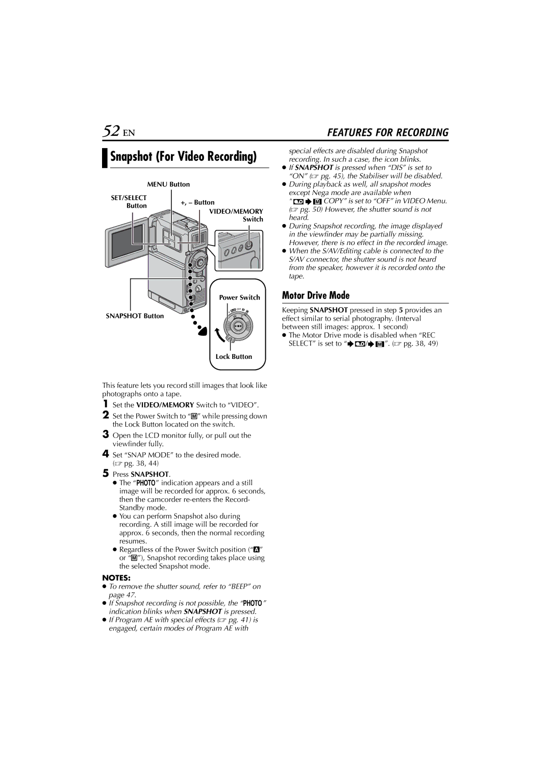 JVC GR-DVP7 instruction manual 52 EN, Motor Drive Mode, Press Snapshot 