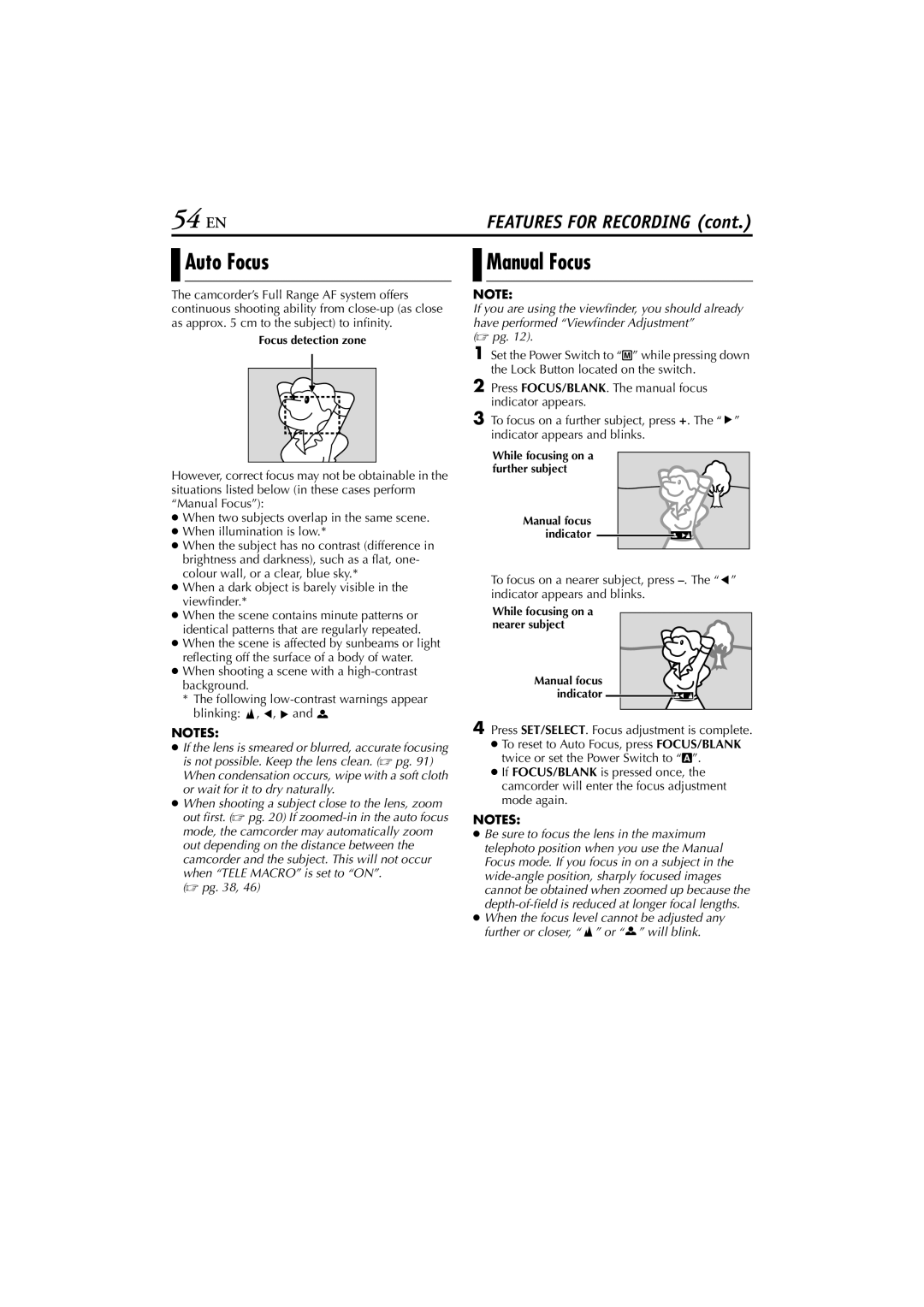 JVC GR-DVP7 instruction manual 54 EN, Auto Focus, Manual Focus, Press SET/SELECT. Focus adjustment is complete 