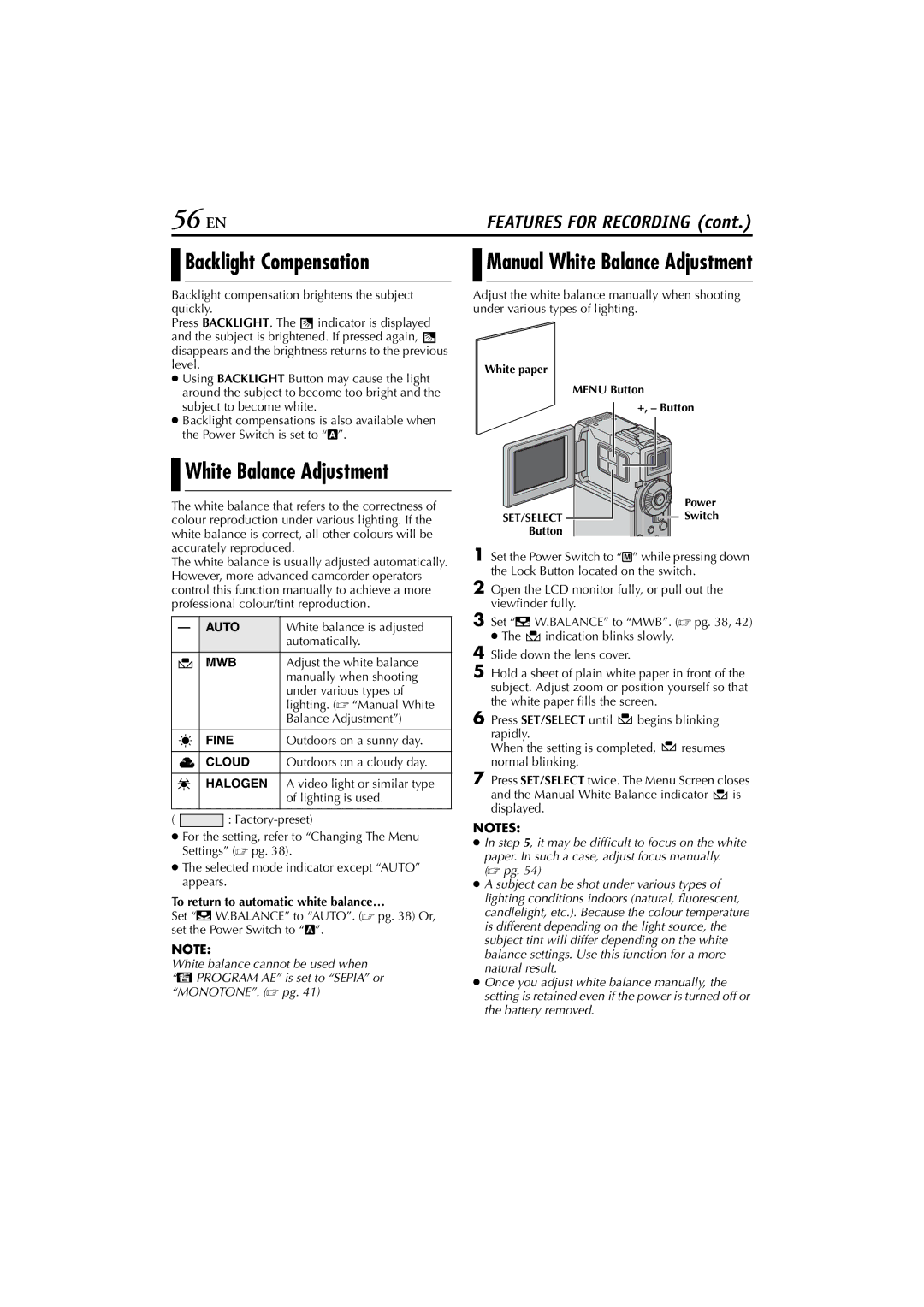 JVC GR-DVP7 instruction manual 56 EN, Backlight Compensation, To return to automatic white balance… 