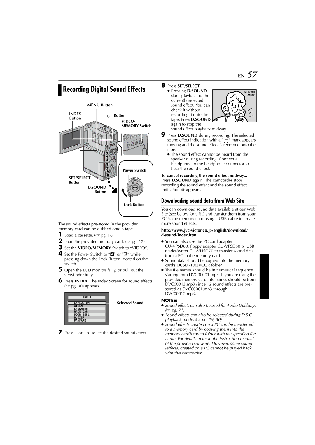 JVC GR-DVP7 Downloading sound data from Web Site, Press SET/SELECT, To cancel recording the sound effect midway 