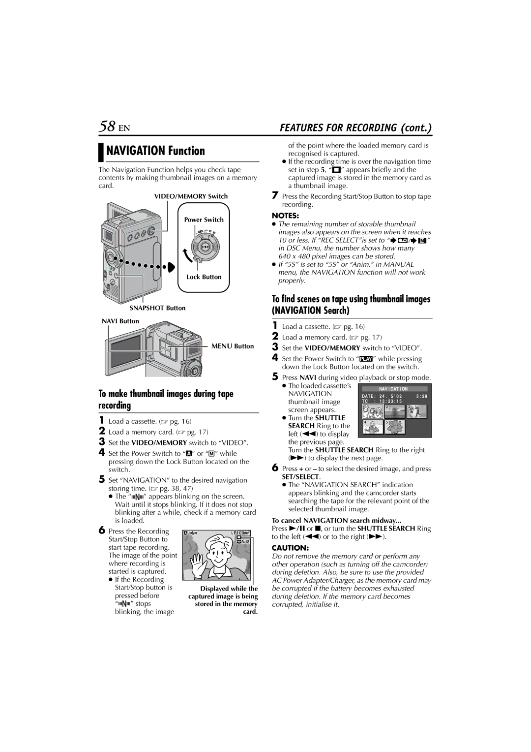 JVC GR-DVP7 58 EN, Navigation Function, To make thumbnail images during tape recording, To cancel Navigation search midway 