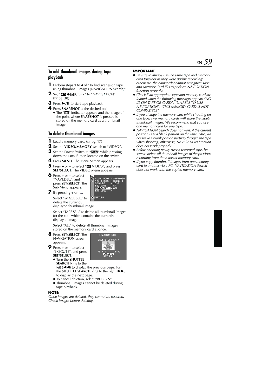 JVC GR-DVP7 instruction manual To add thumbnail images during tape playback, To delete thumbnail images, Navigation screen 