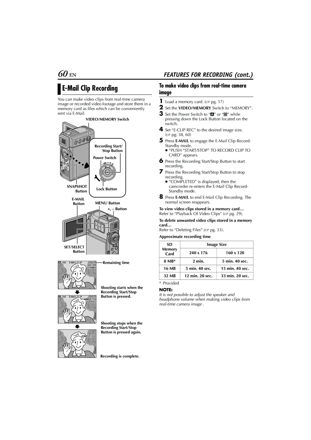 JVC GR-DVP7 instruction manual 60 EN, Mail Clip Recording, To make video clips from real-time camera image 