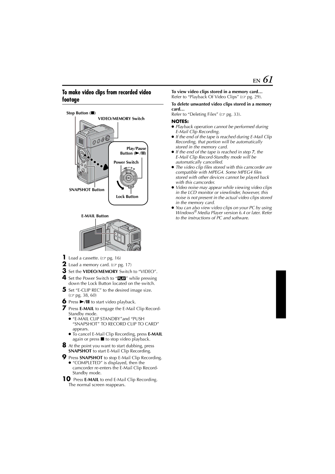 JVC GR-DVP7 instruction manual To make video clips from recorded video footage, Refer to Playback Of Video Clips  pg 