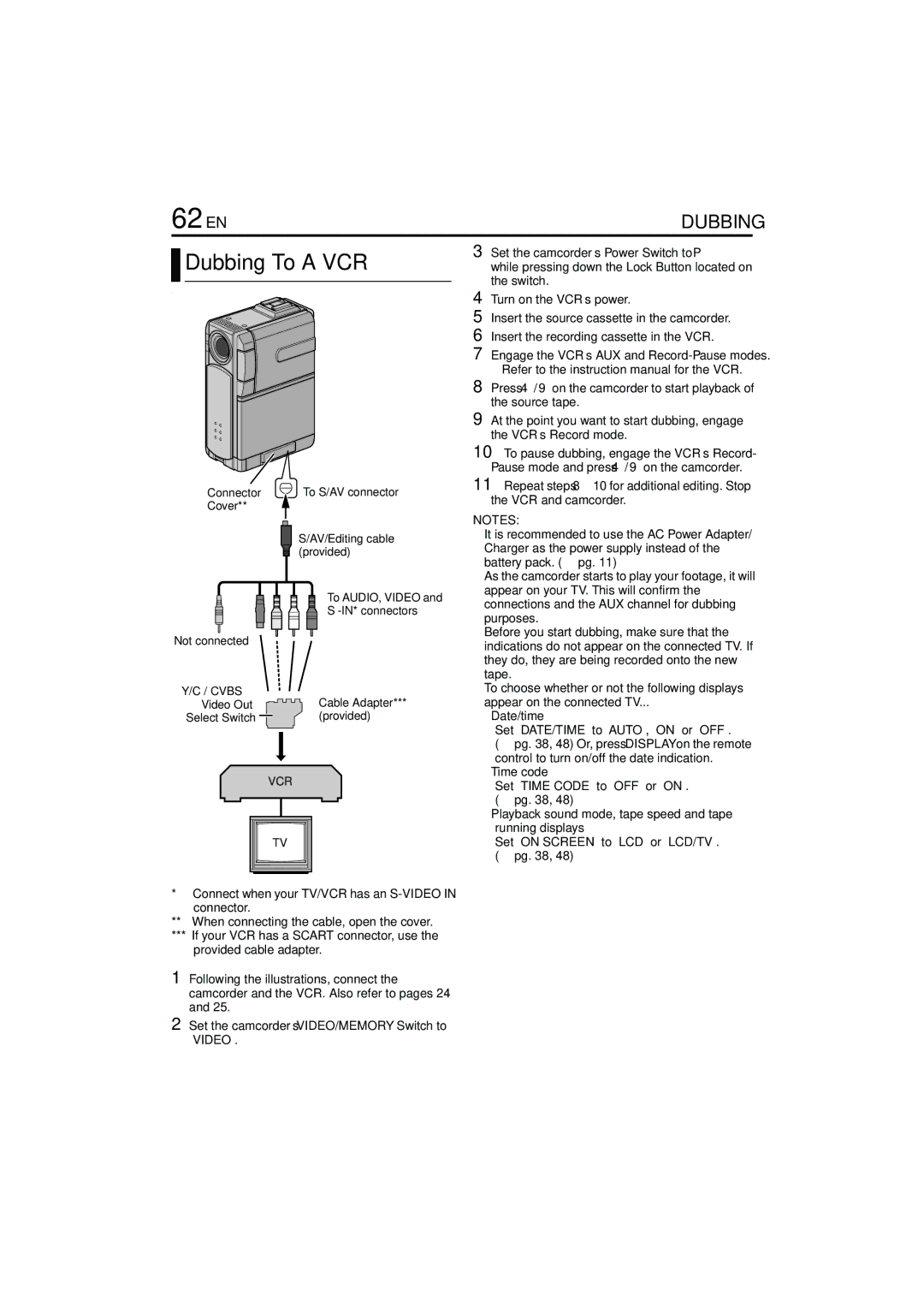 JVC GR-DVP7 instruction manual 62 EN, Dubbing To a VCR 