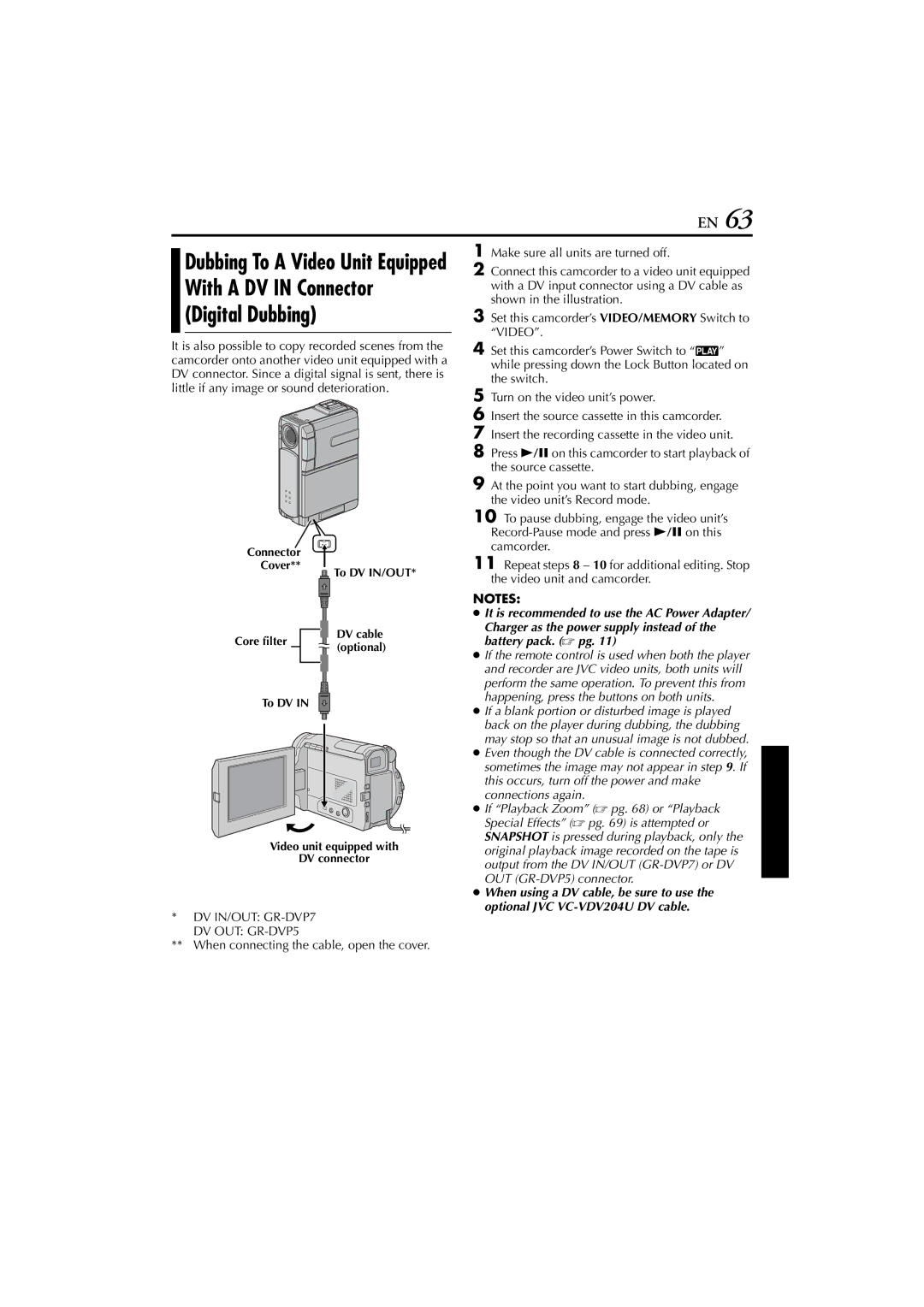 JVC GR-DVP7 instruction manual With a DV in Connector Digital Dubbing, Dubbing To a Video Unit Equipped 