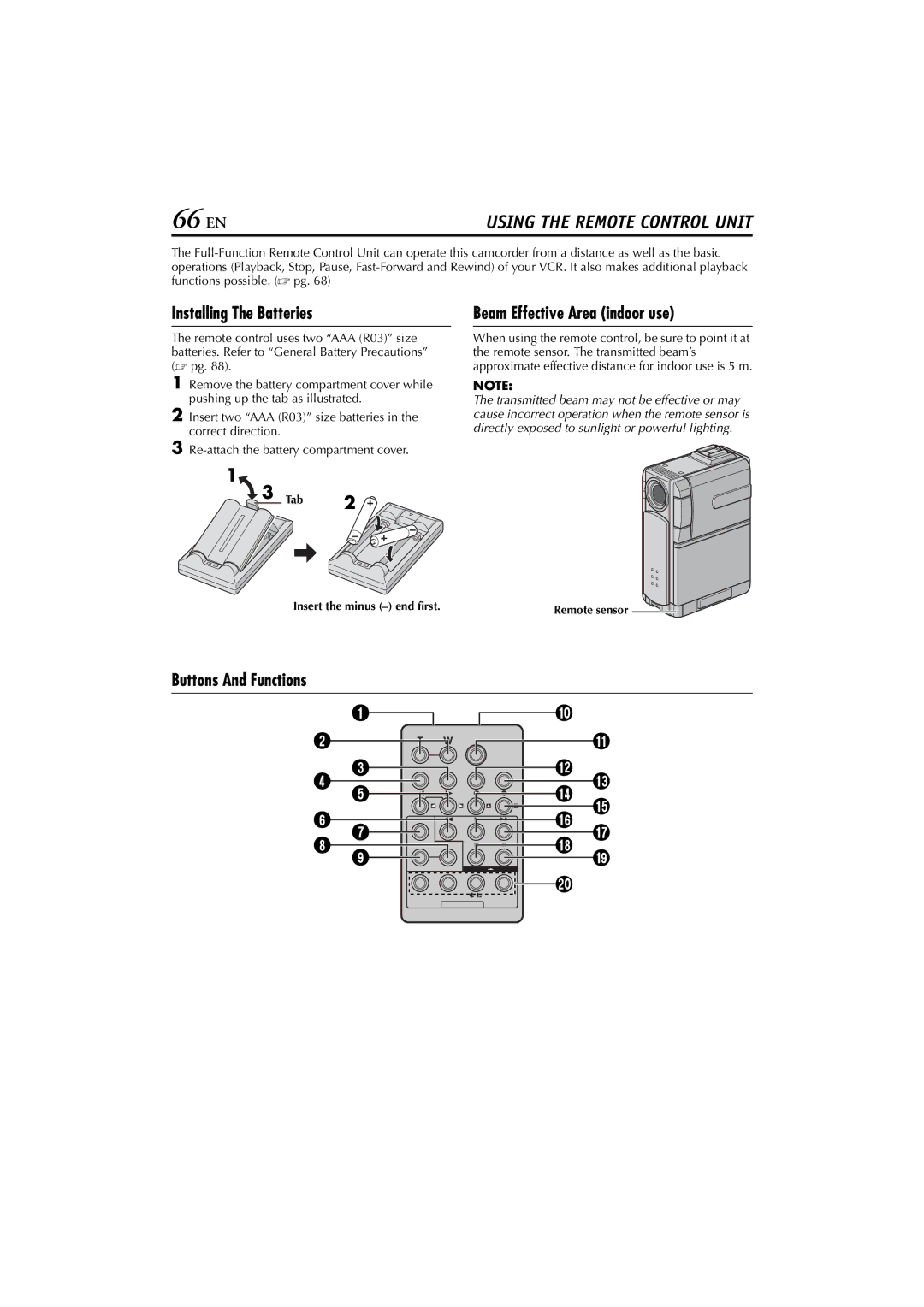 JVC GR-DVP7 instruction manual 66 EN, Installing The Batteries, Beam Effective Area indoor use, Buttons And Functions 