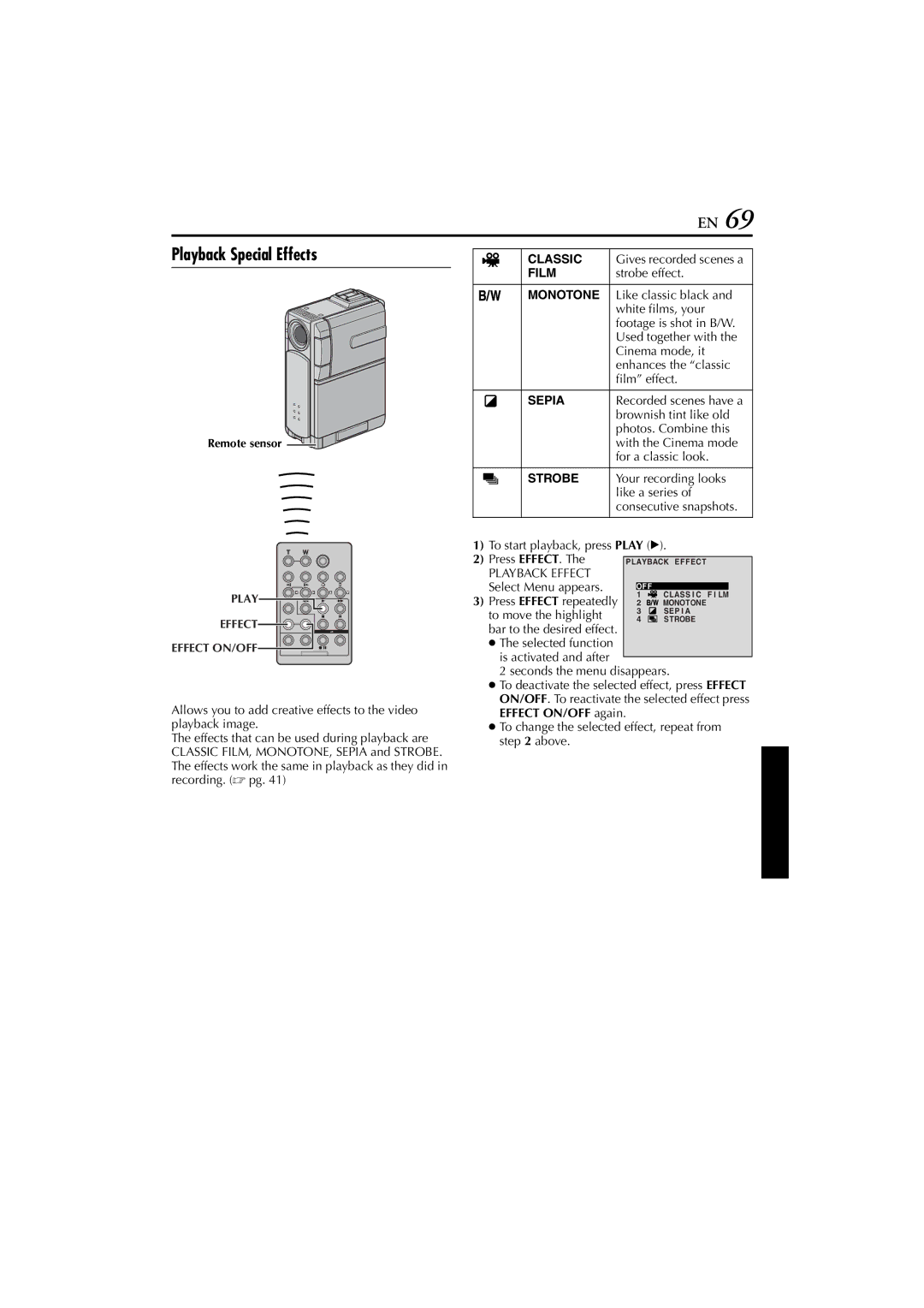 JVC GR-DVP7 instruction manual Classic, Film, Playback Effect 