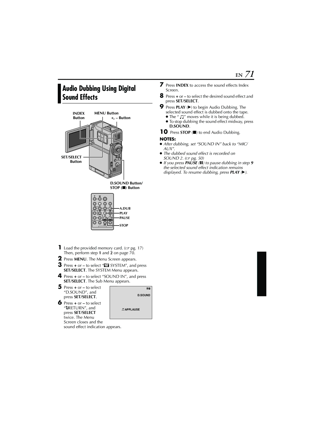 JVC GR-DVP7 instruction manual Audio Dubbing Using Digital Sound Effects 