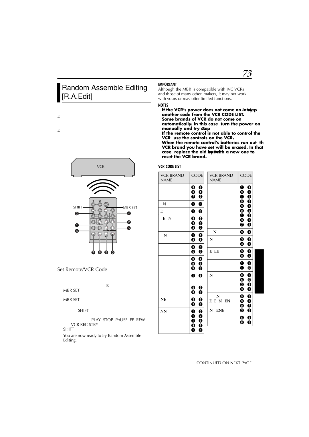 JVC GR-DVP7 Random Assemble Editing R.A.Edit, Set Remote/VCR Code, You are now ready to try Random Assemble Editing 