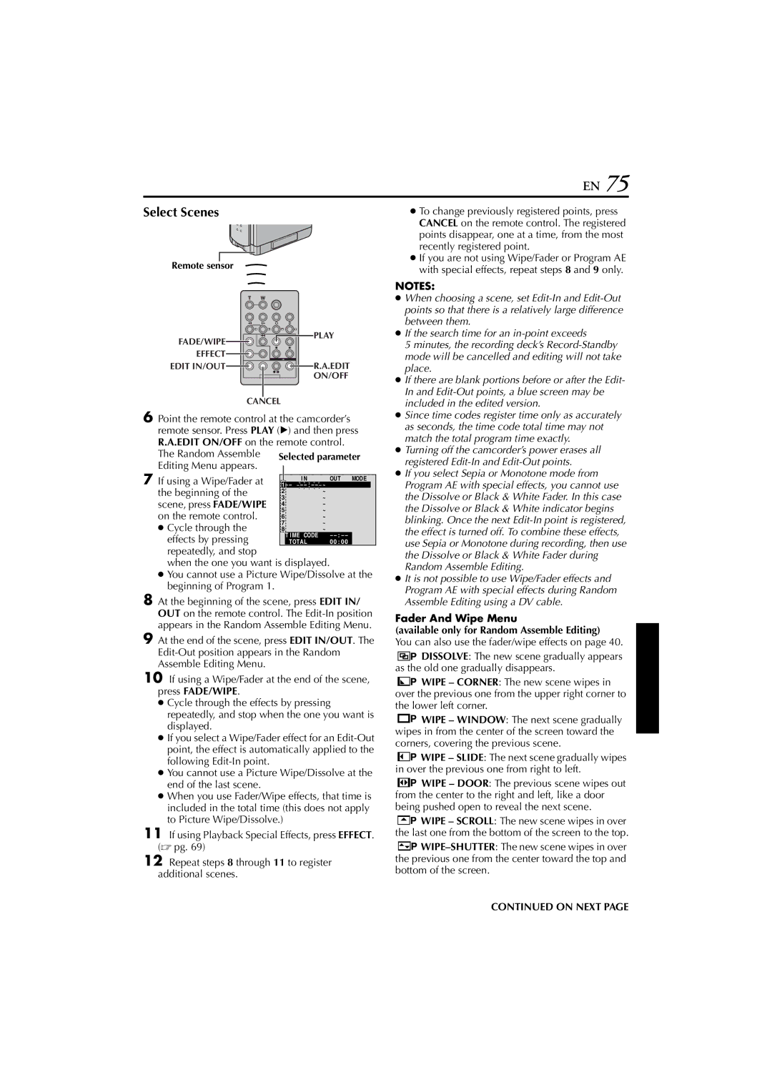 JVC GR-DVP7 instruction manual Select Scenes, Recently registered point 