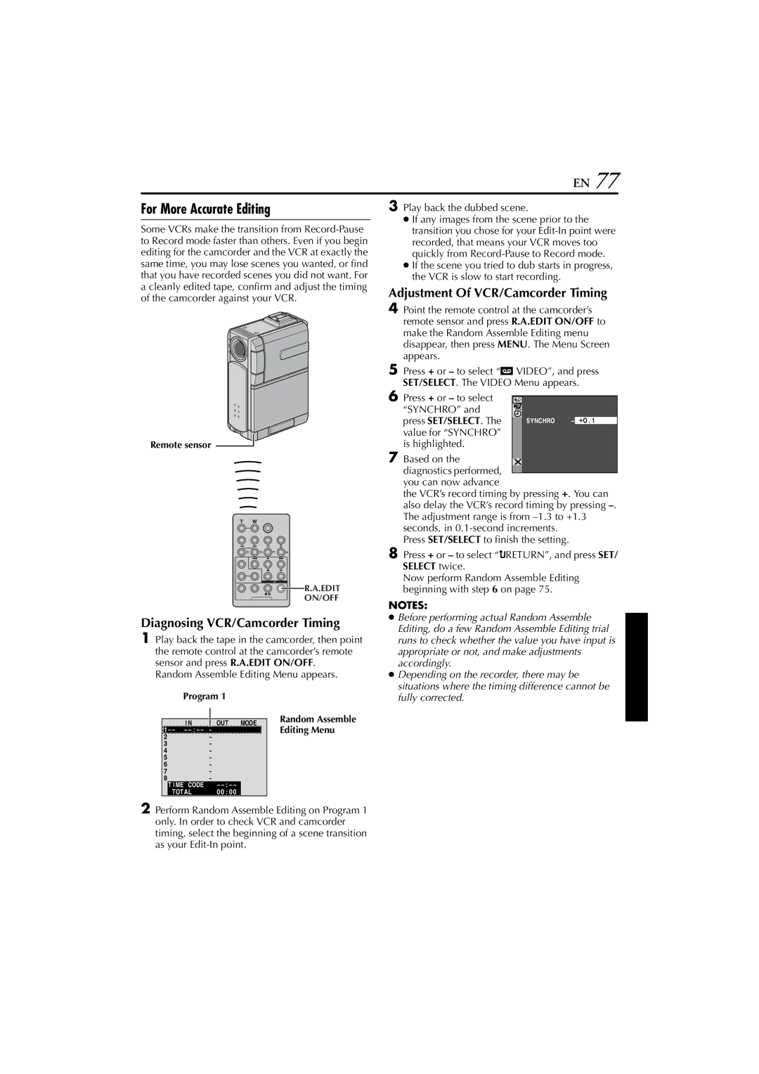 JVC GR-DVP7 For More Accurate Editing, Diagnosing VCR/Camcorder Timing, Adjustment Of VCR/Camcorder Timing 