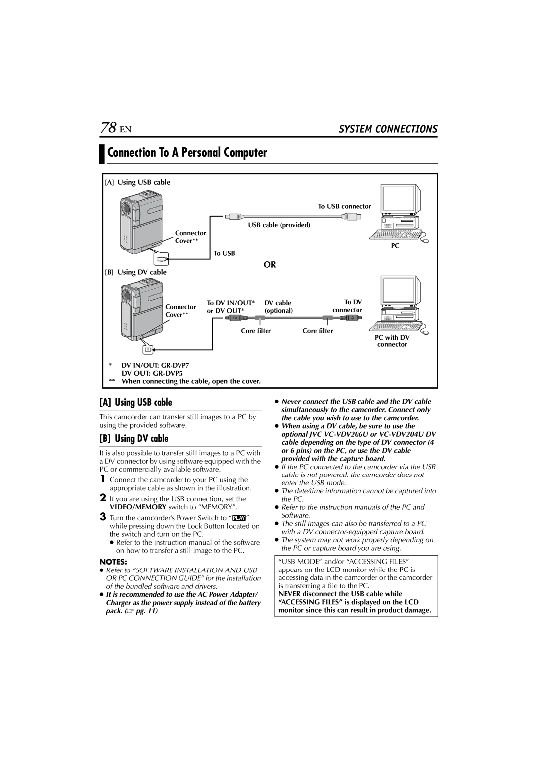 JVC GR-DVP7 instruction manual 78 EN, Connection To a Personal Computer, Using USB cable, Using DV cable, DV OUT GR-DVP5 