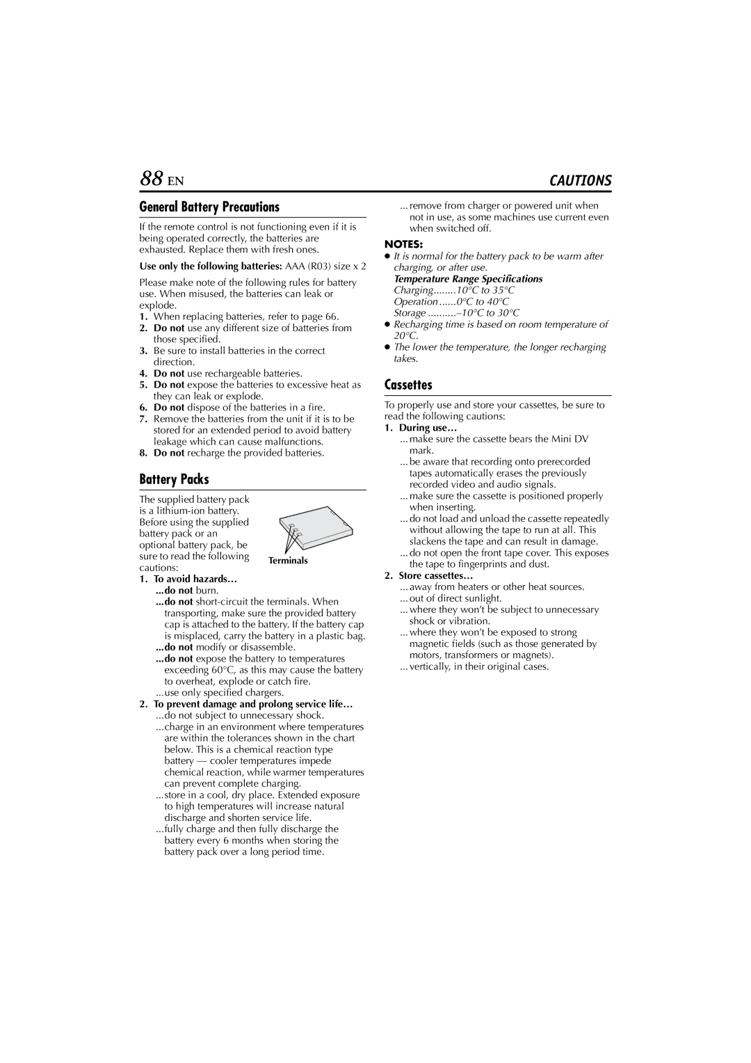 JVC GR-DVP7 instruction manual 88 EN, General Battery Precautions, Battery Packs, Cassettes 