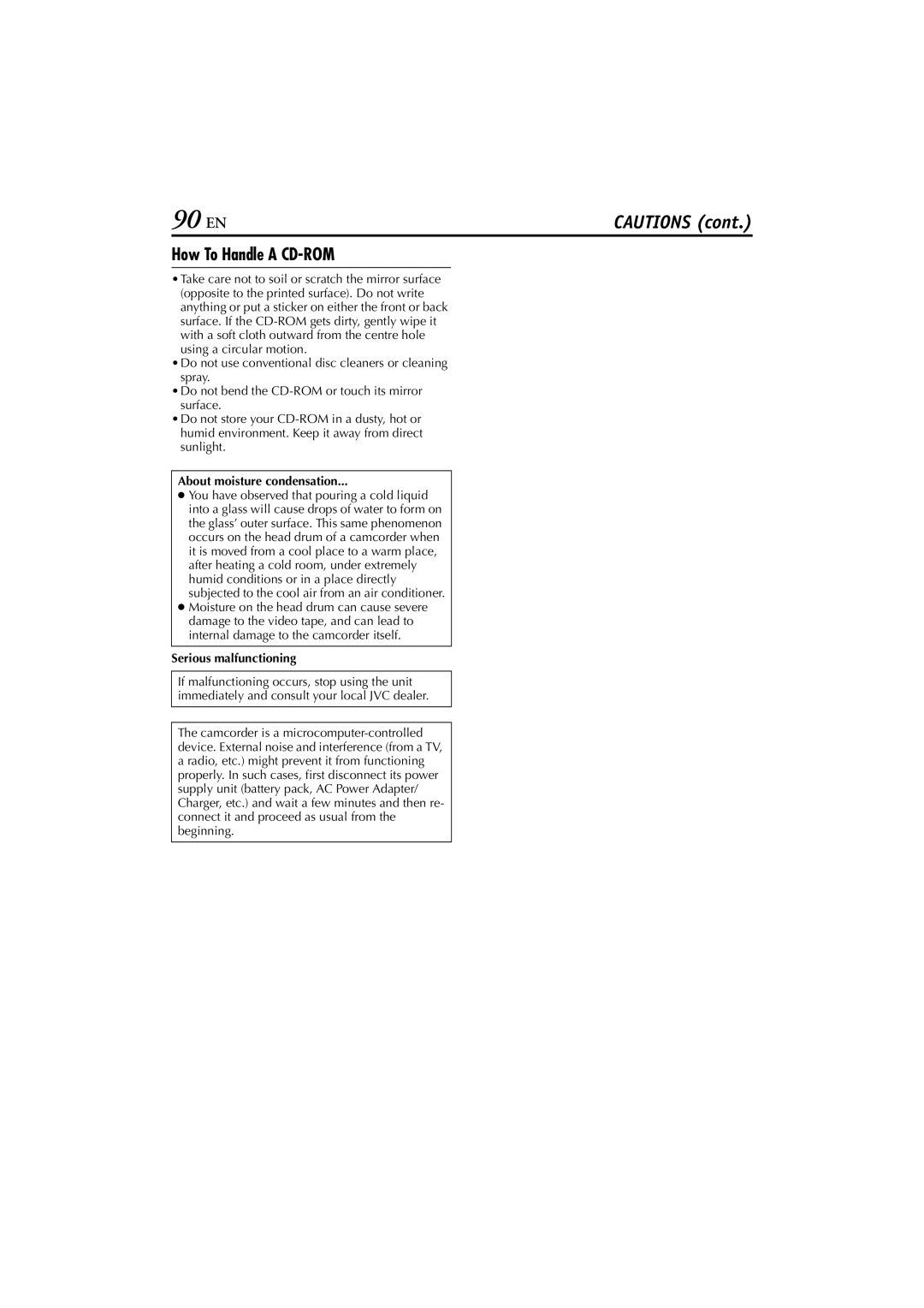 JVC GR-DVP7 instruction manual 90 EN, How To Handle a CD-ROM, About moisture condensation, Serious malfunctioning 