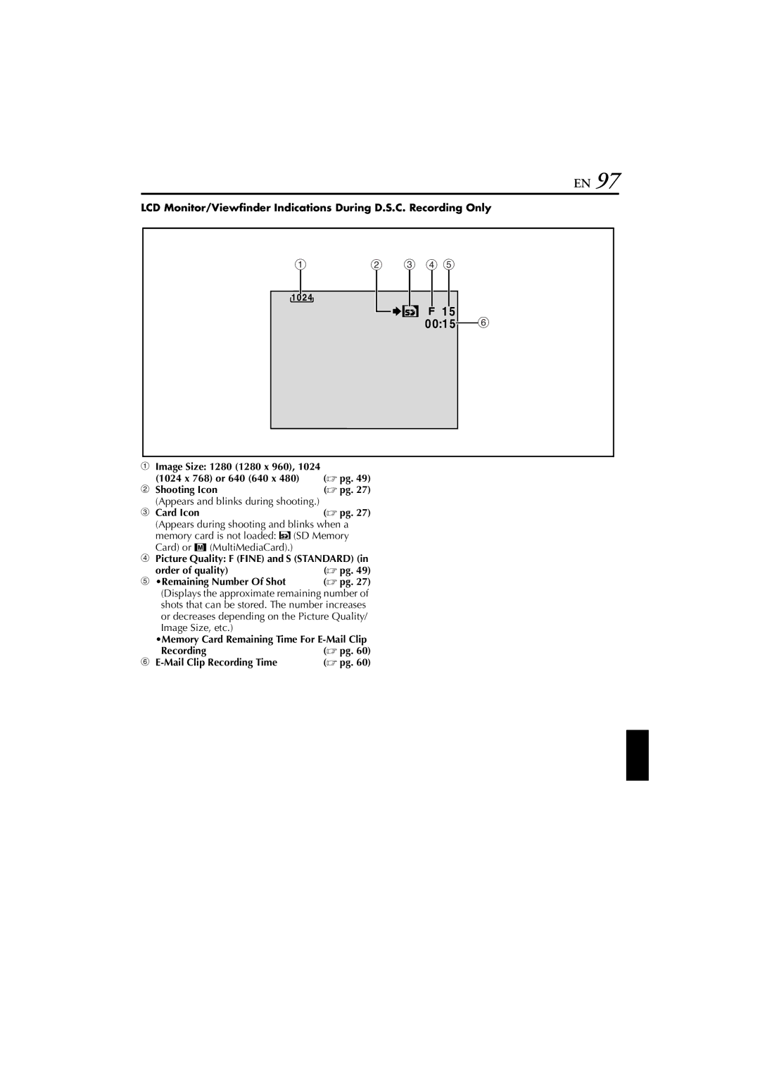 JVC GR-DVP7 Image Size 1280 1280 x 960 1024 x 768 or 640 640 x, Shooting Icon, Card Icon, Remaining Number Of Shot 