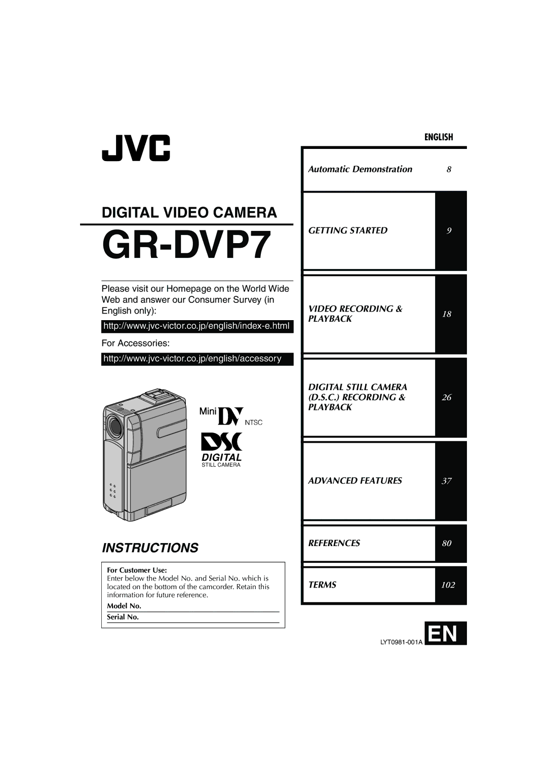 JVC GR-DVP7U manual For Customer Use, Model No Serial No 