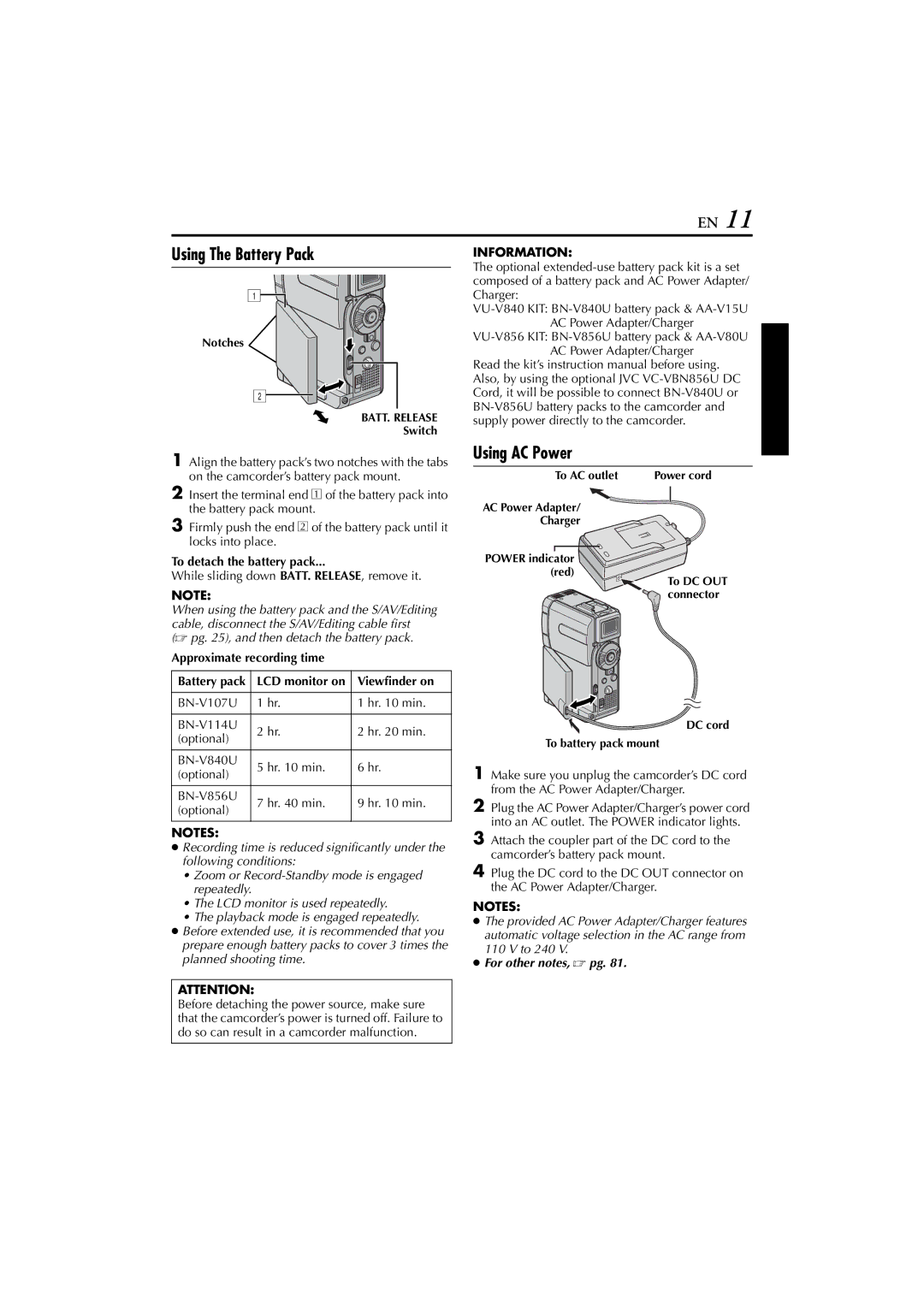 JVC GR-DVP7U manual Using The Battery Pack, Using AC Power, Information 