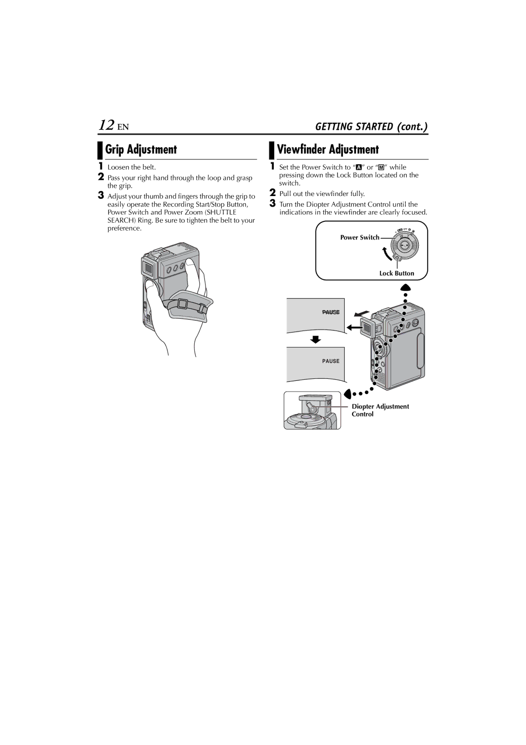 JVC GR-DVP7U manual 12 EN, Grip Adjustment, Viewfinder Adjustment 