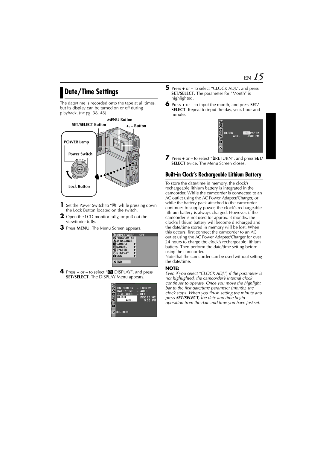 JVC GR-DVP7U manual Date/Time Settings, Built-in Clock’s Rechargeable Lithium Battery 