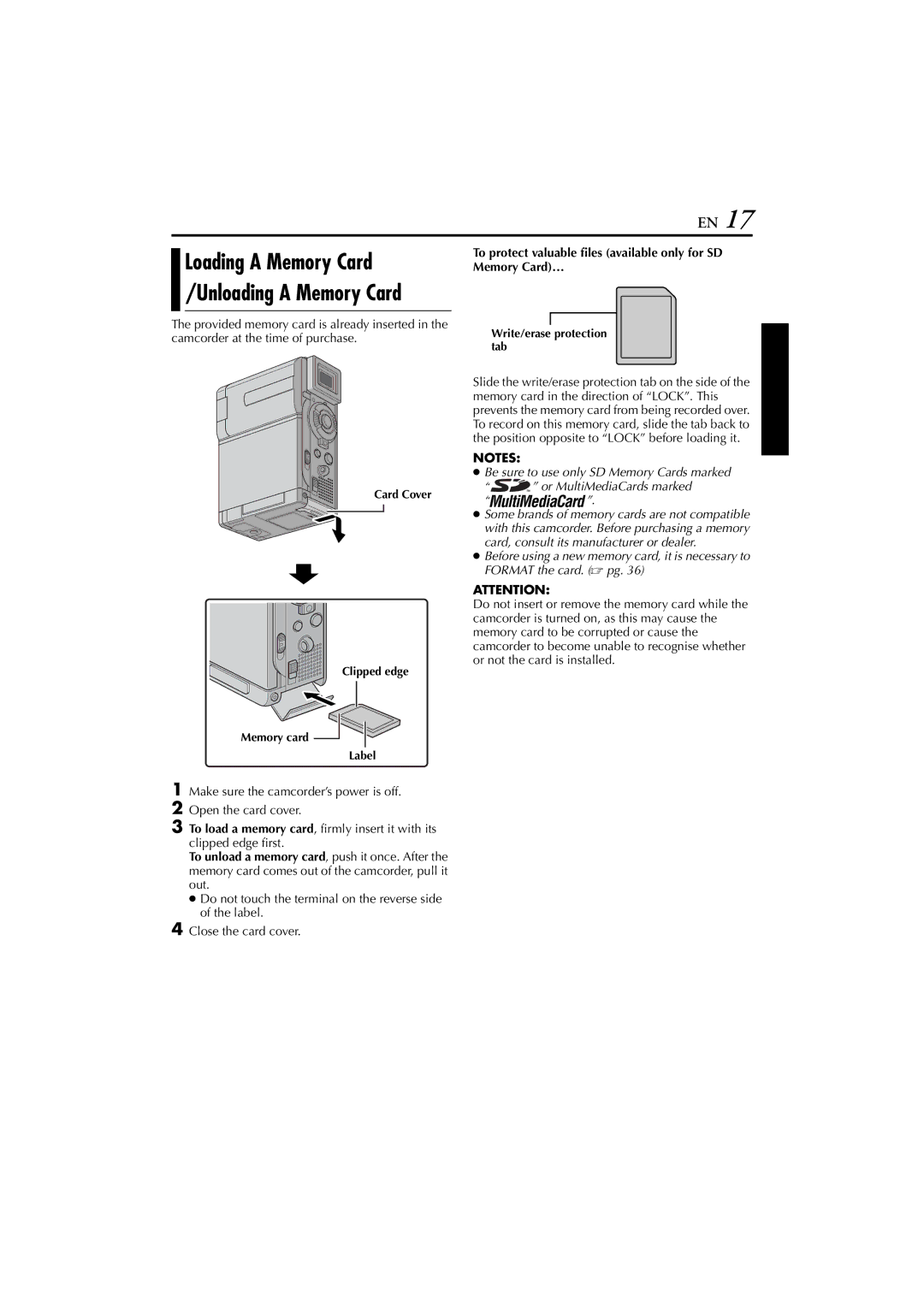 JVC GR-DVP7U manual Make sure the camcorder’s power is off Open the card cover 