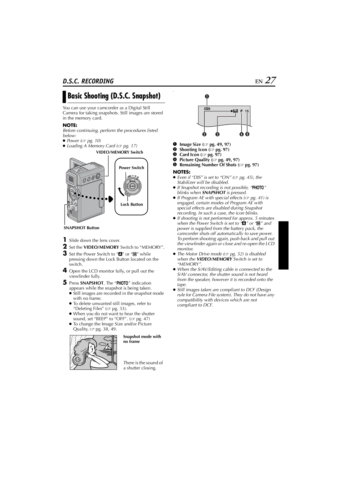 JVC GR-DVP7U manual Basic Shooting D.S.C. Snapshot, To change the Image Size and/or Picture Quality,  pg 