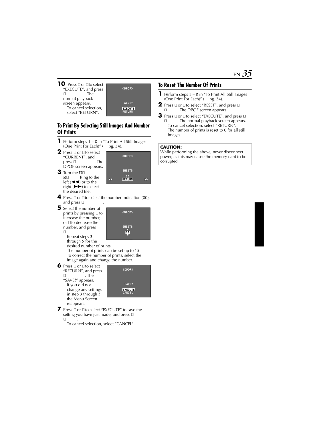 JVC GR-DVP7U manual To Print By Selecting Still Images And Number Of Prints, To Reset The Number Of Prints, Set/Select 