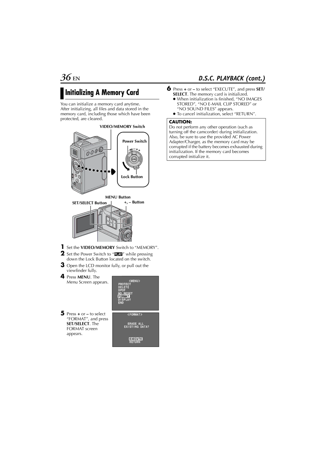 JVC GR-DVP7U manual 36 EN, Initializing a Memory Card 