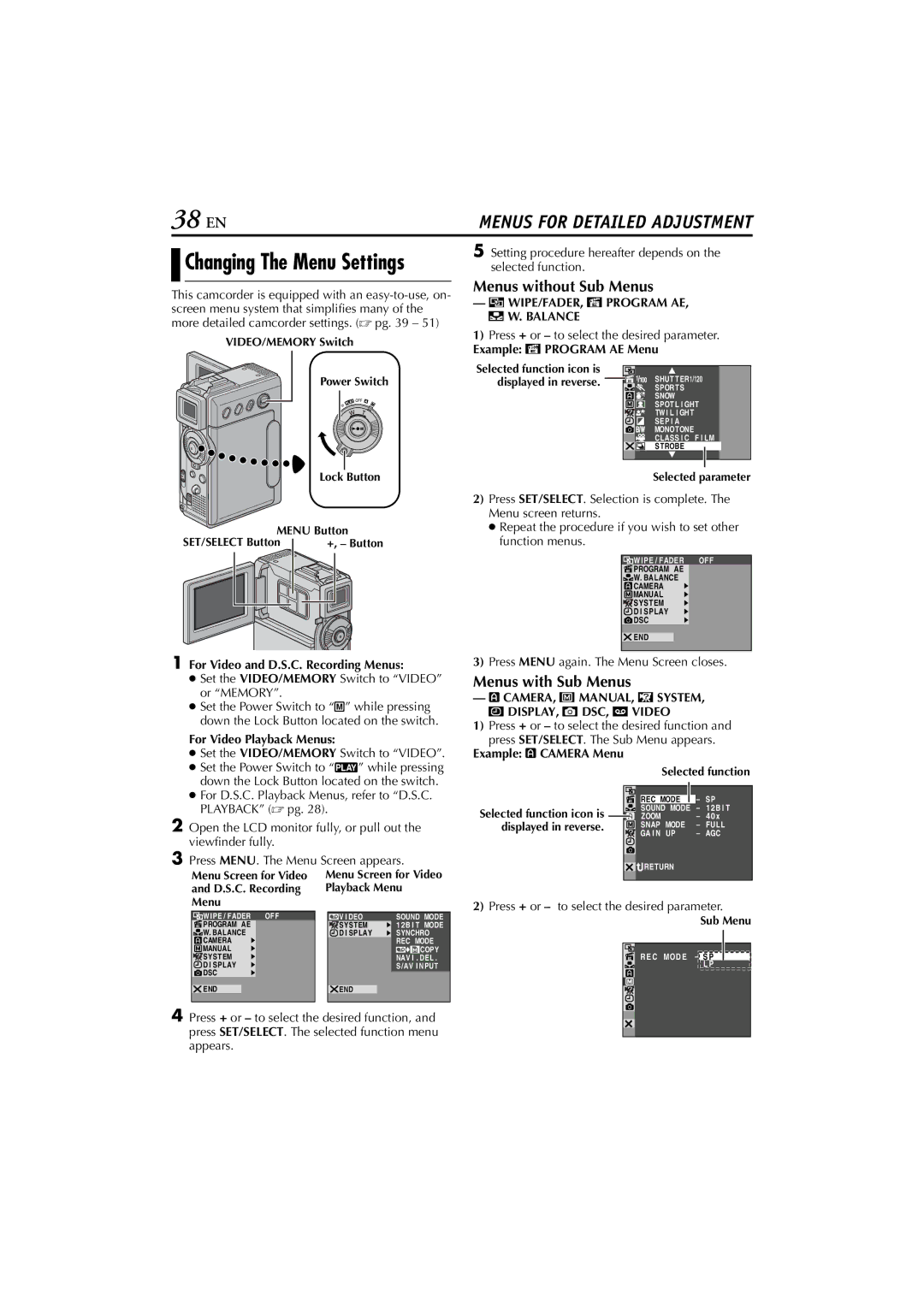 JVC GR-DVP7U manual 38 EN, Menus without Sub Menus, Menus with Sub Menus 