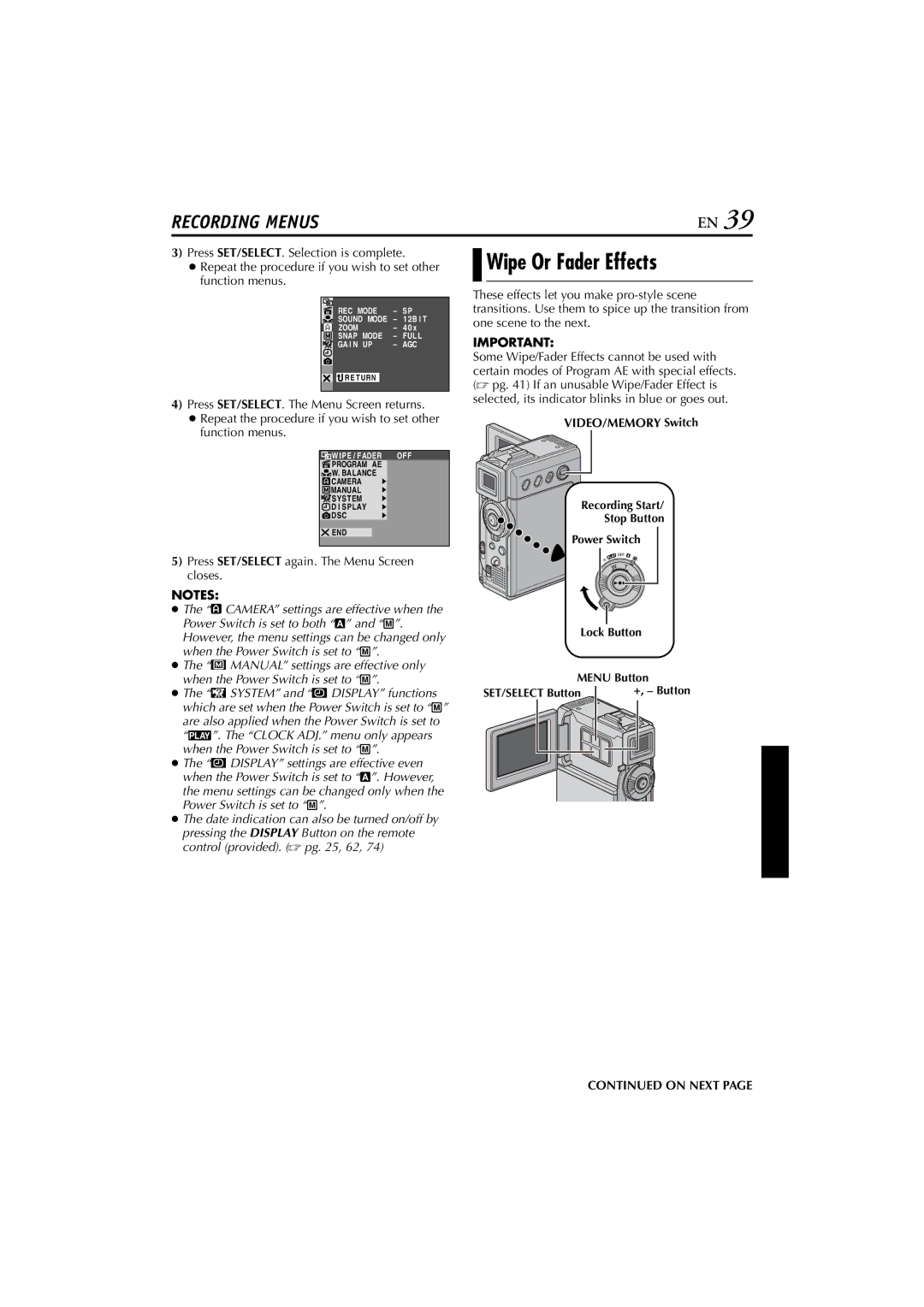 JVC GR-DVP7U manual Wipe Or Fader Effects, Press SET/SELECT again. The Menu Screen closes, VIDEO/MEMORY Switch 