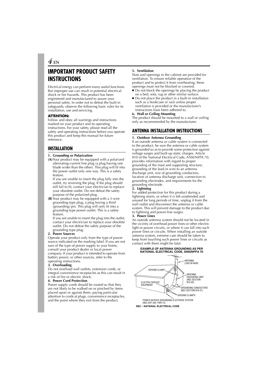 JVC GR-DVP7U manual Grounding or Polarization, Power Sources, Overloading, Power Cord Protection, Ventilation, Lightning 