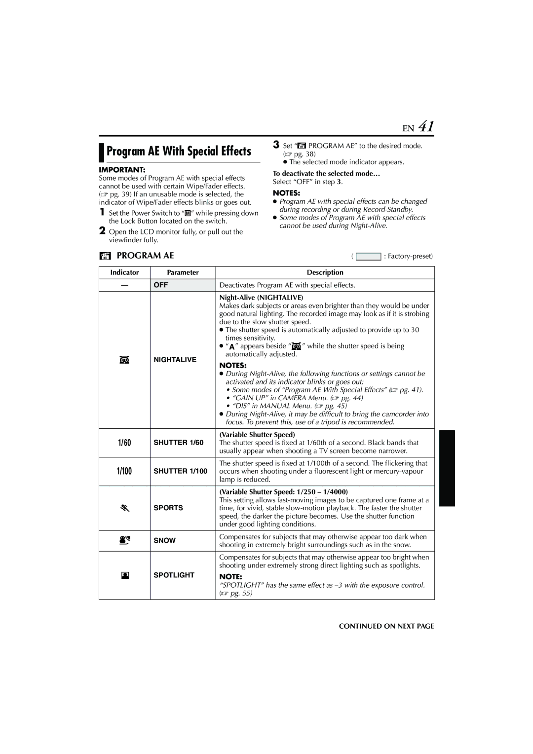 JVC GR-DVP7U manual Nightalive, Shutter 1/60, Shutter 1/100, Sports, Snow, Spotlight 