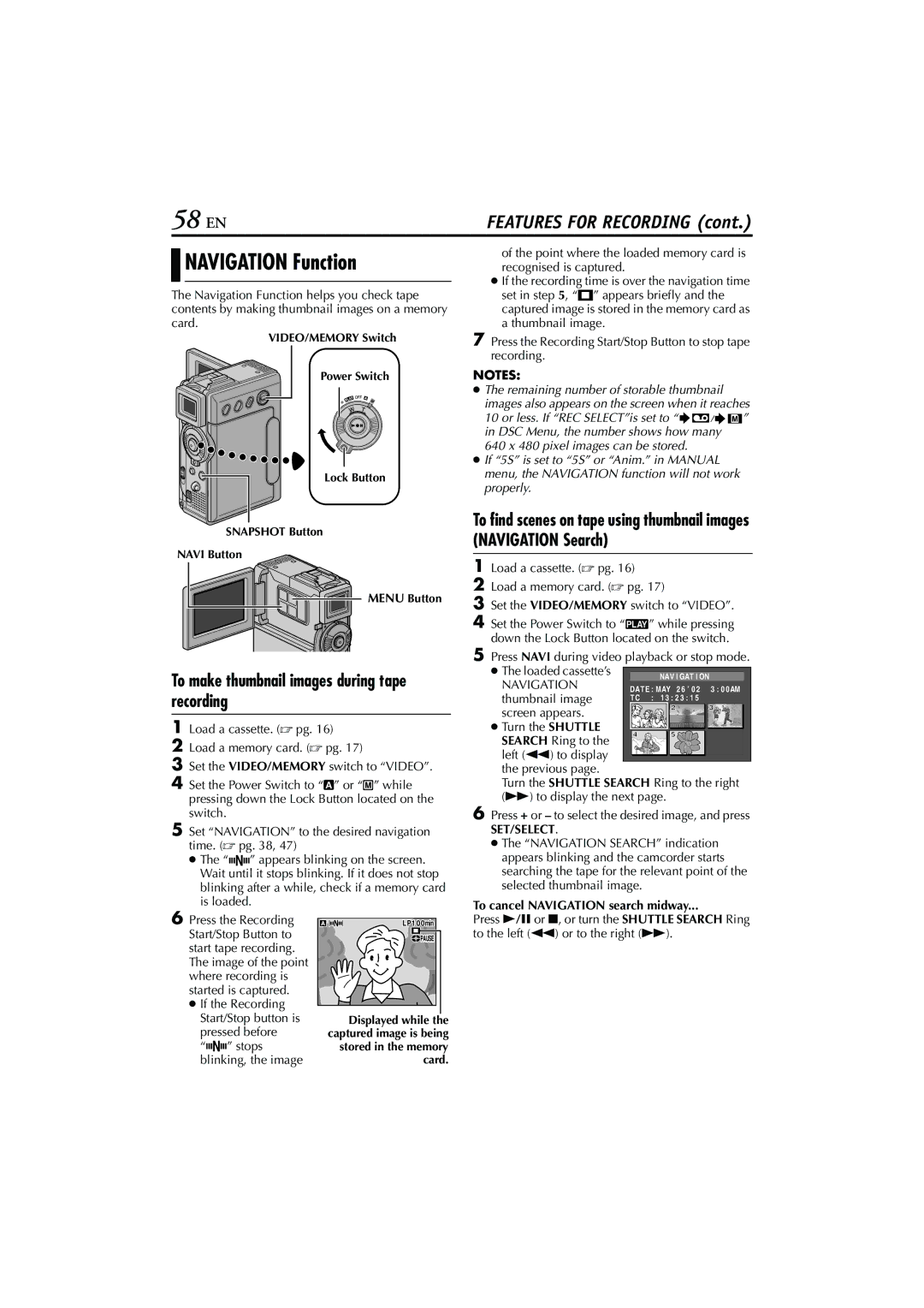 JVC GR-DVP7U manual 58 EN, Navigation Function, To make thumbnail images during tape recording 