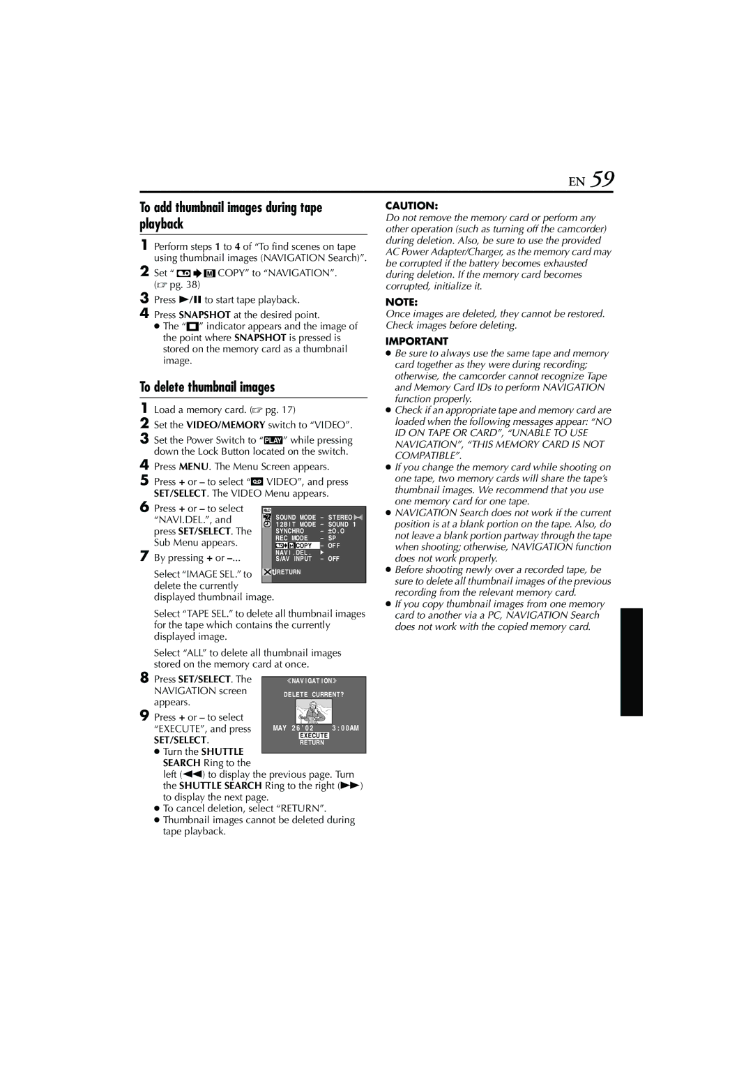 JVC GR-DVP7U manual To add thumbnail images during tape playback, To delete thumbnail images, Navigation screen 